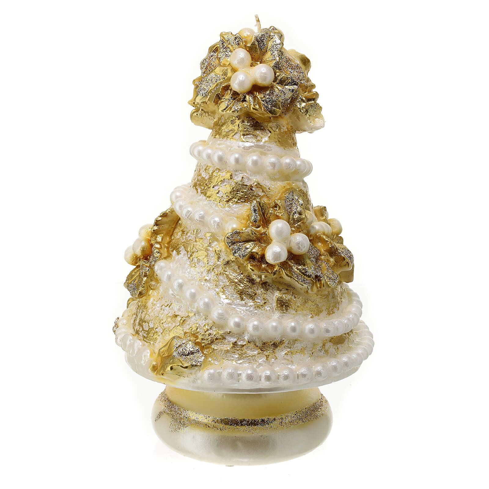 Holyart Świece bożonarodzeniowe: Świeca sosna złota, perły, ostrokrzewy i kokarda, śr. 20 cm