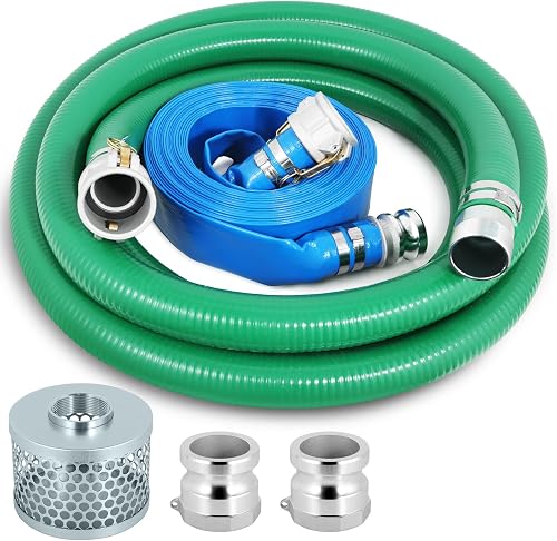 Picatu Heavy Duty 2" x 50' Blue PVC Discharge Hose & 2" x 20' Green PVC Suction Hose Pump Kit, Backwash Hose with Aluminum Camlock Fittings, Steel Round Strainer, Cam & Groove Adapter