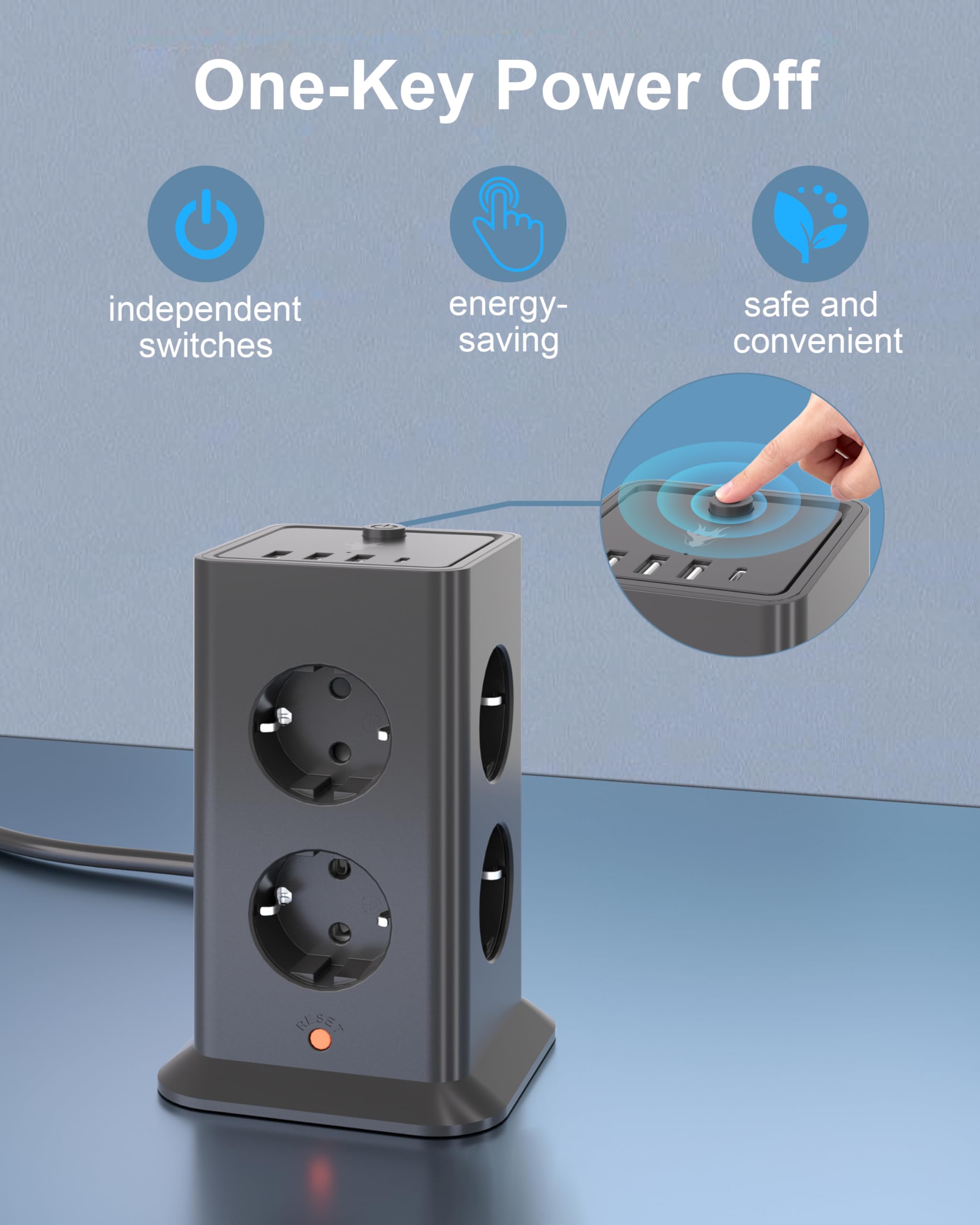 Listwa zasilająca z odgromnikiem i ochroną, 8 gniazd sieciowych i 4 portami USB (1 USB-C), 5V/3,4 A, zasilacz 3680W/16A, listwa zasilająca do biura i domu, czarna 5 m