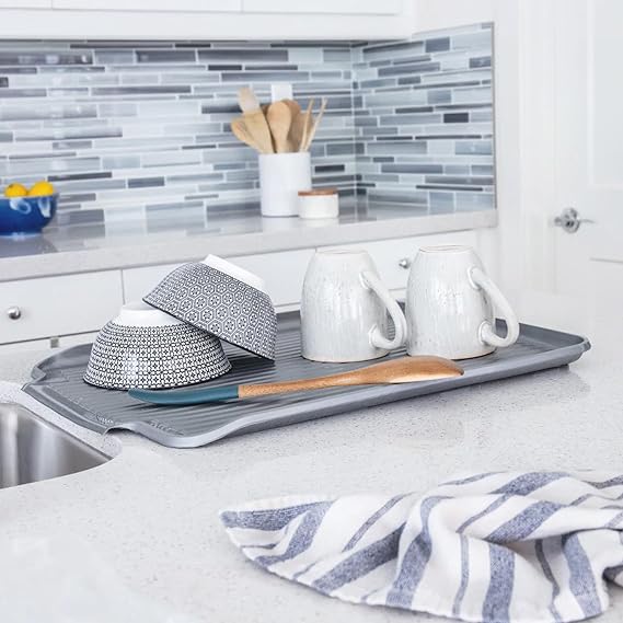 Better Houseware Dish Drainer Mat, Large Metallic Silver Dish Drain Board for Kitchen Countertop, Protects Surfaces & Speeds Drying, 19.5 x 15.5 x 1.25, Metallic Silver