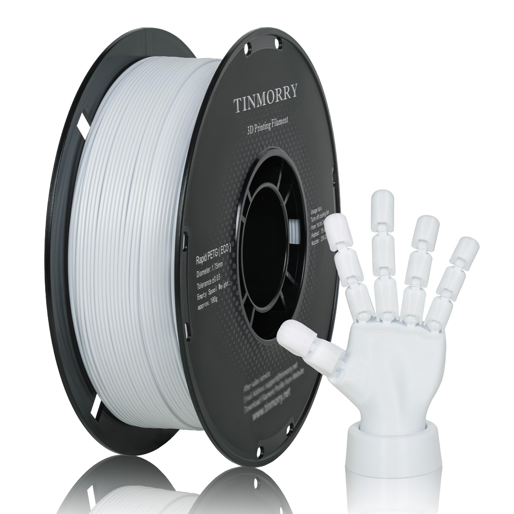 TINMORRY PETG Filament 1.75, Rapid PETG-Eco 3D Printer Filament, Compatible with Most FDM 3D Printers, 1 KG 1 Spool, Cold White