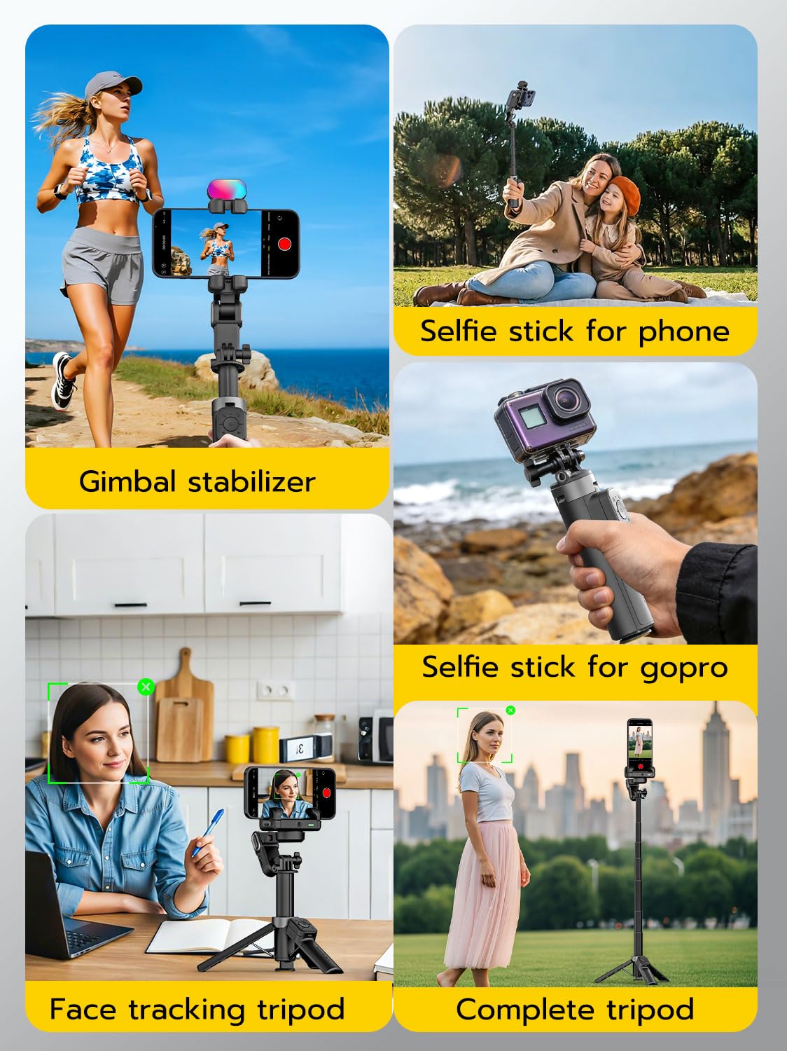 AOCHUAN Stabilisateur de cardan pour iPhone, cardan de téléphone 4 en 1 avec rotation à 360 ° pour iPhone/Android Sefie Stick trépied avec suivi automatique du visage et télécommande sans fil pour
