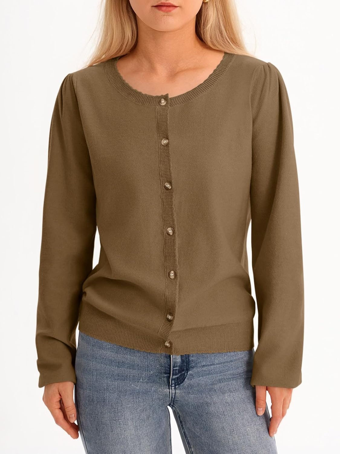 Saodimallsu Womens Puff Long Sleeve Cardigan Sweaters Fall Button Down Lightweight Knit Crew Neck Sweater Shirts - Image 4