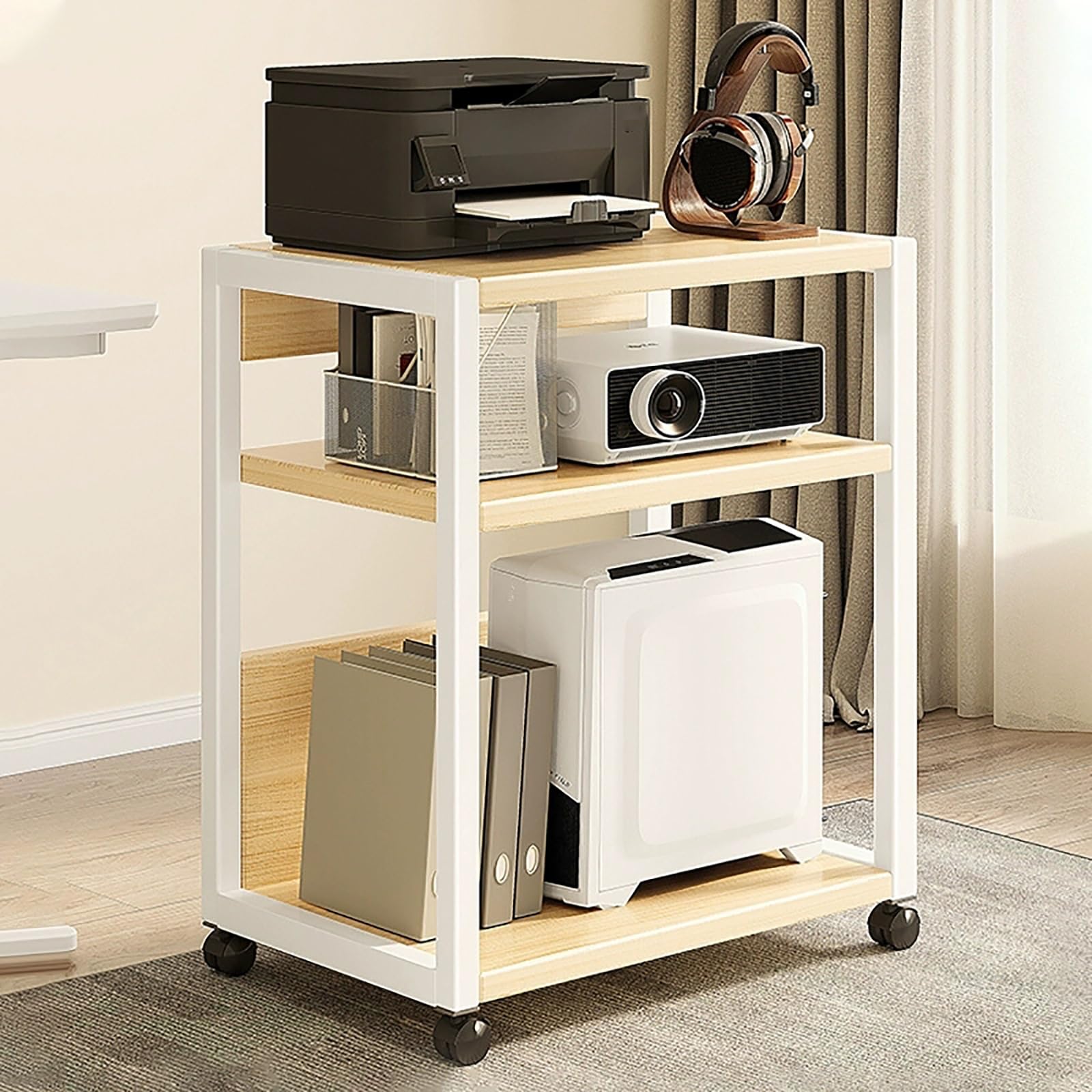 Soporte ajustable para impresora con estante de almacenamiento, soporte móvil para CPU, mesa de impresora industrial para escáner de fax y archivos (natural, 20 x 16 x 27 pulgadas)