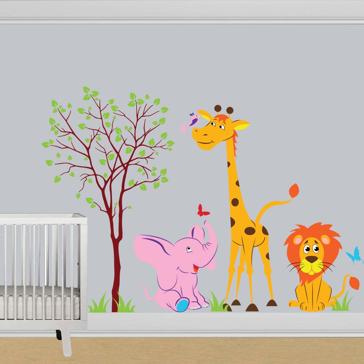 (160 x 112 cm), in vinile, decalcomania da parete, per bambini, animali nel bosco "Home-motivo: giraffa, leone, elefante, per bambini, motivo decorativo adesivo in omaggio a scelta, idea regalo!