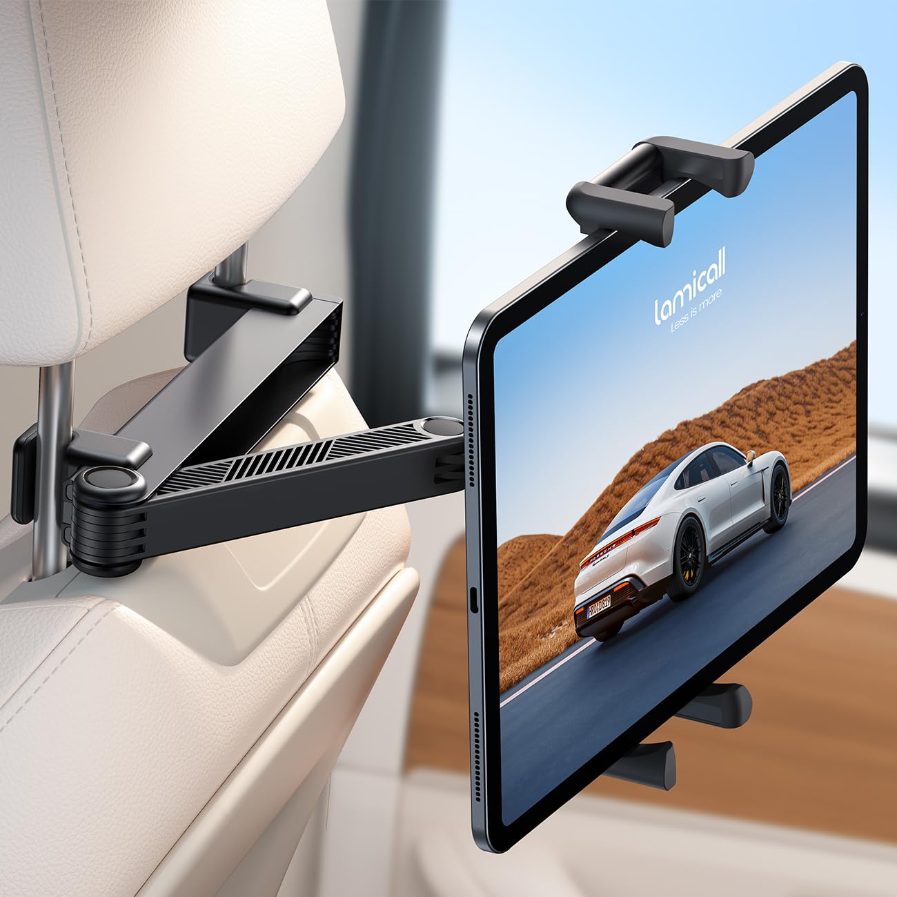 【2025 New Model・Extendable Arm】 Lamicall Car Tablet Holder for Back Seat: Retractable Arm & Holder, Headrest Compatible, 360-Degree Rotation, Aluminum Arm, Holder Bar Adjustable Range 94-160mm, 4.7-13