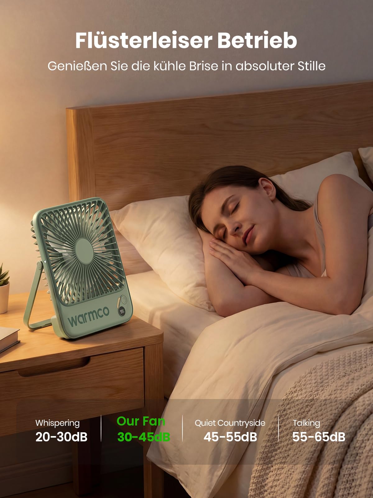 Warmco D3 Akku Ventilator 10000mAh, Tischventilator Leise, USB-C, LED-Anzeige, 4-Stufen Ventilator