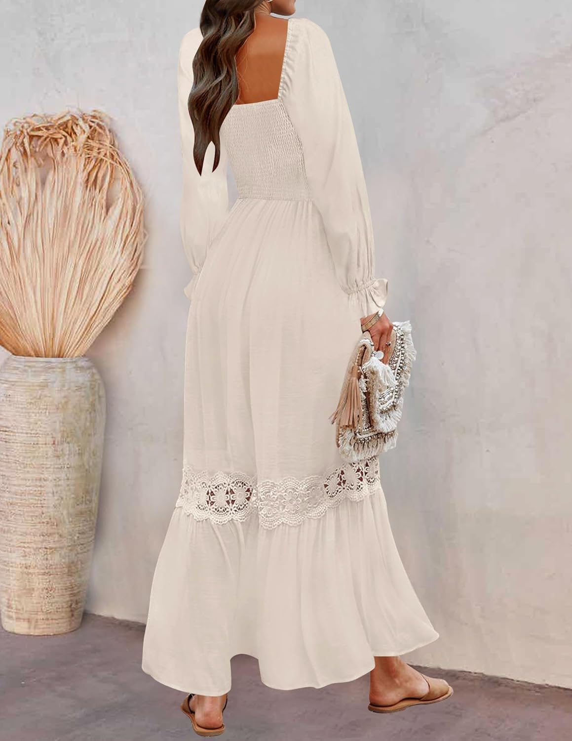 ZESICA Women's 2026 Boho Long Sleeve Square Neck Smocked High Waist Flowy A Line Lace Trim Maxi Dress - Image 4