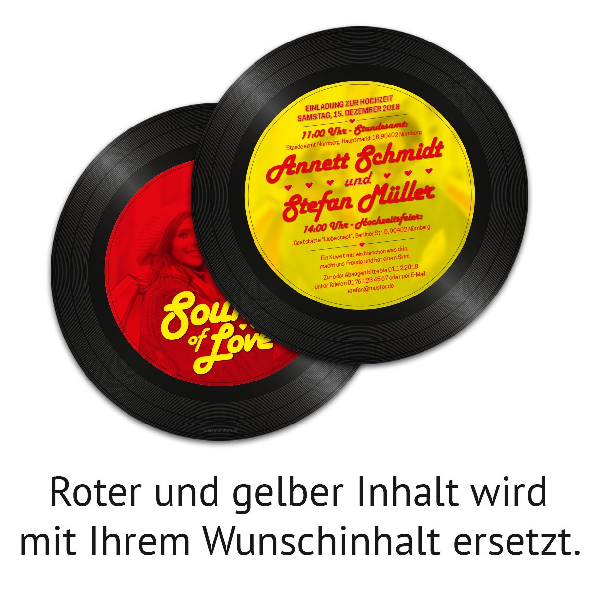 60 x Runde Hochzeitseinladungen Einladungskarten Hochzeit - Schallplatte Sound of Love