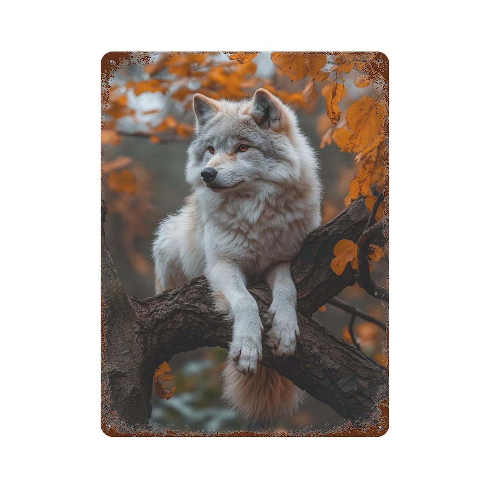 Weathered Tin Sign with Wolf in Autumn Tree Design 15.7"x11.8", for Office, Studio And Wall Decor, Retro Wall Decor