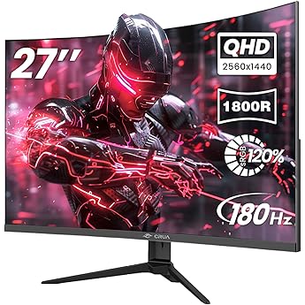 CRUA 27" Curved Gaming Monitor, QHD(2560x1440P) 144Hz/165Hz 99% sRGB Professional Computer Monitors, Support AMD FreeSync, Wall Mountable Installs(HDMI, DP)-Black