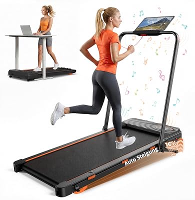 Walking Pad mit 16% automatischer Steigung, Laufband mit Steigung für Zuhause, 12 km/h, 2,5 PS Motor unter 40 dB, Walking Pad klappbar mit App & Bluetooth Lautsprecher, LED-Display, bis 136 kg