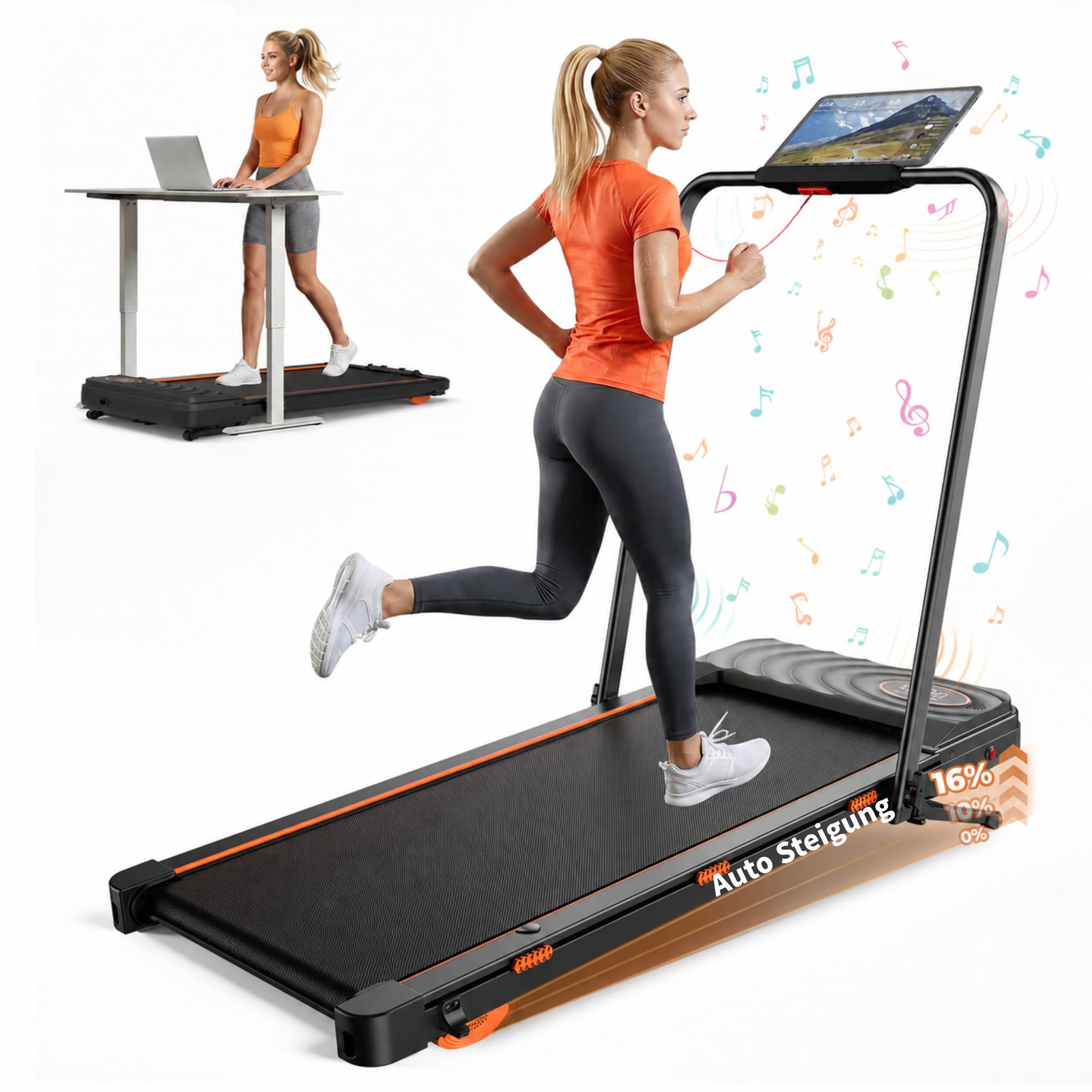 Walking Pad mit 16% automatischer Steigung, Laufband mit Steigung für Zuhause, 12 km/h, 2,5 PS Motor unter 40 dB, Walking Pad klappbar mit App & Bluetooth Lautsprecher, LED-Display, bis 136 kg
