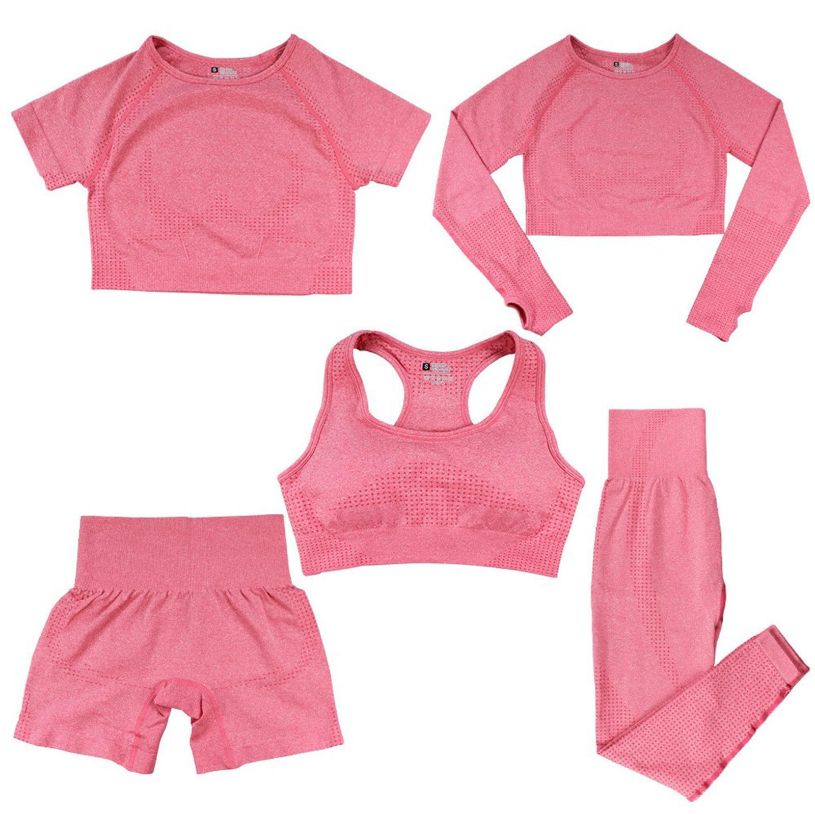 Abbigliamento da yoga da donna, set da 5 pezzi, tuta estiva da corsa, palestra, fitness, reggiseno crop top leggings, tuta da ginnastica, jogging, pilates, sport, senza cuciture, traspirante
