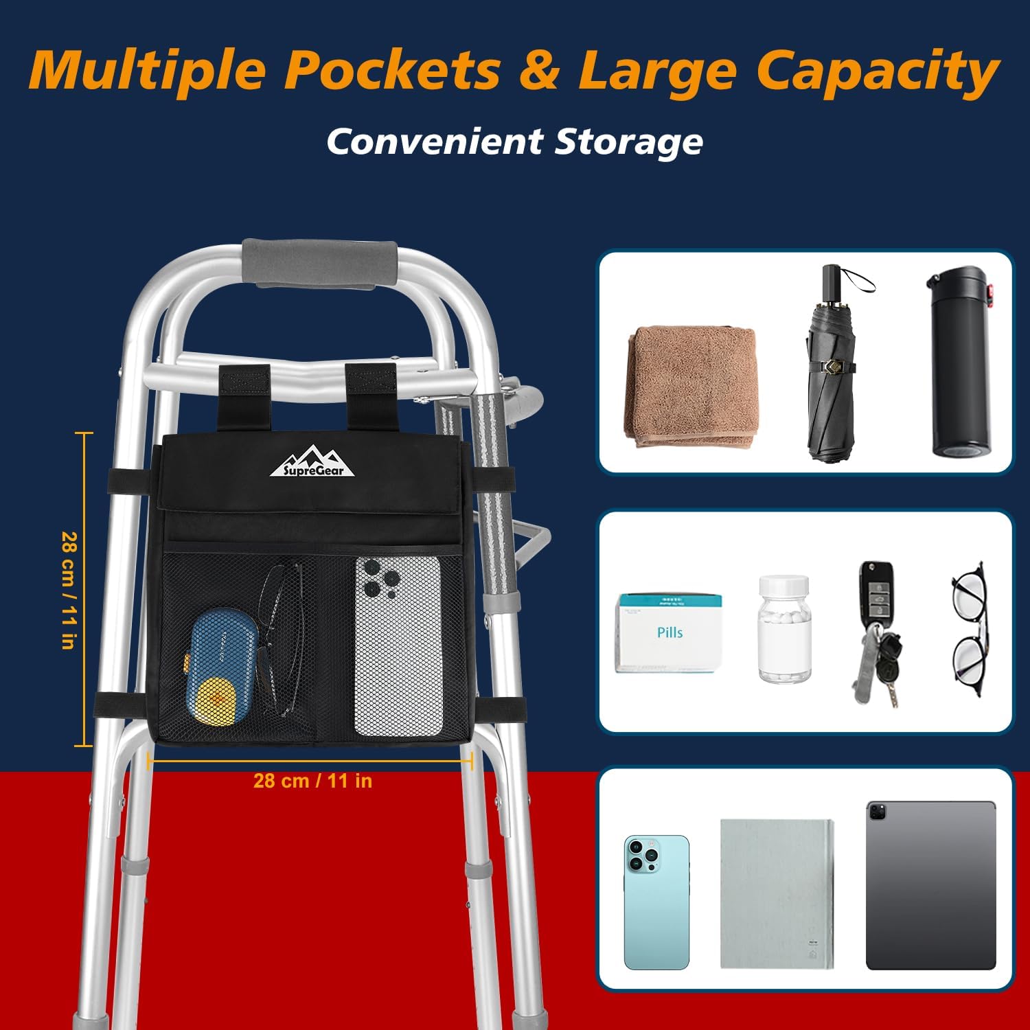 supregear Walker Side Bag, Multi Pocket Storage Pouch for Folding Walker, Water Resistant Lightweight Hand Free Carrier Tote, Universal Size Seniors Caddy Attachment - Image 2