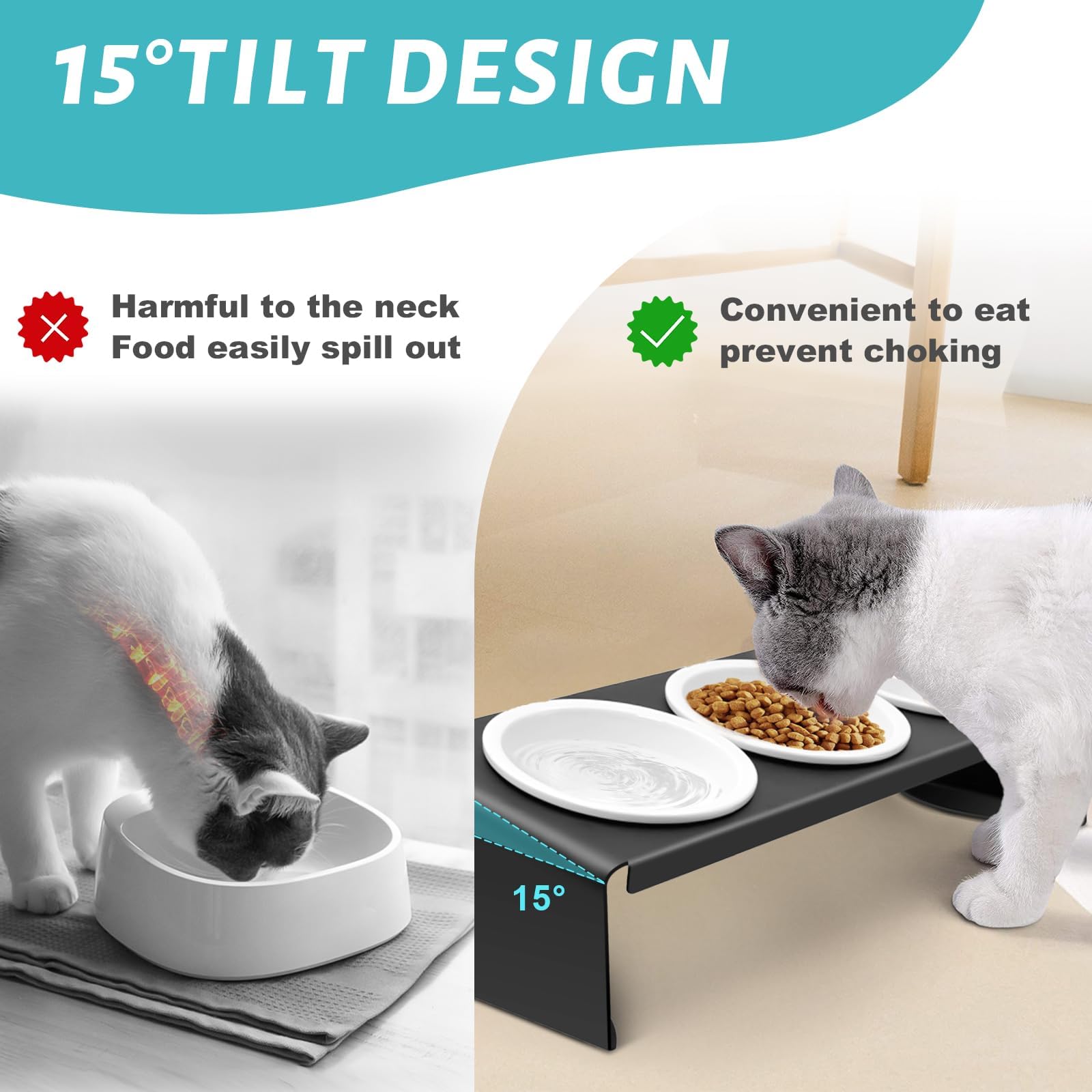 Comedero de cerámica for Gatos con Soporte metálico Inclinado a 15°. Juego alimentación y Agua for Perros, Color Negro