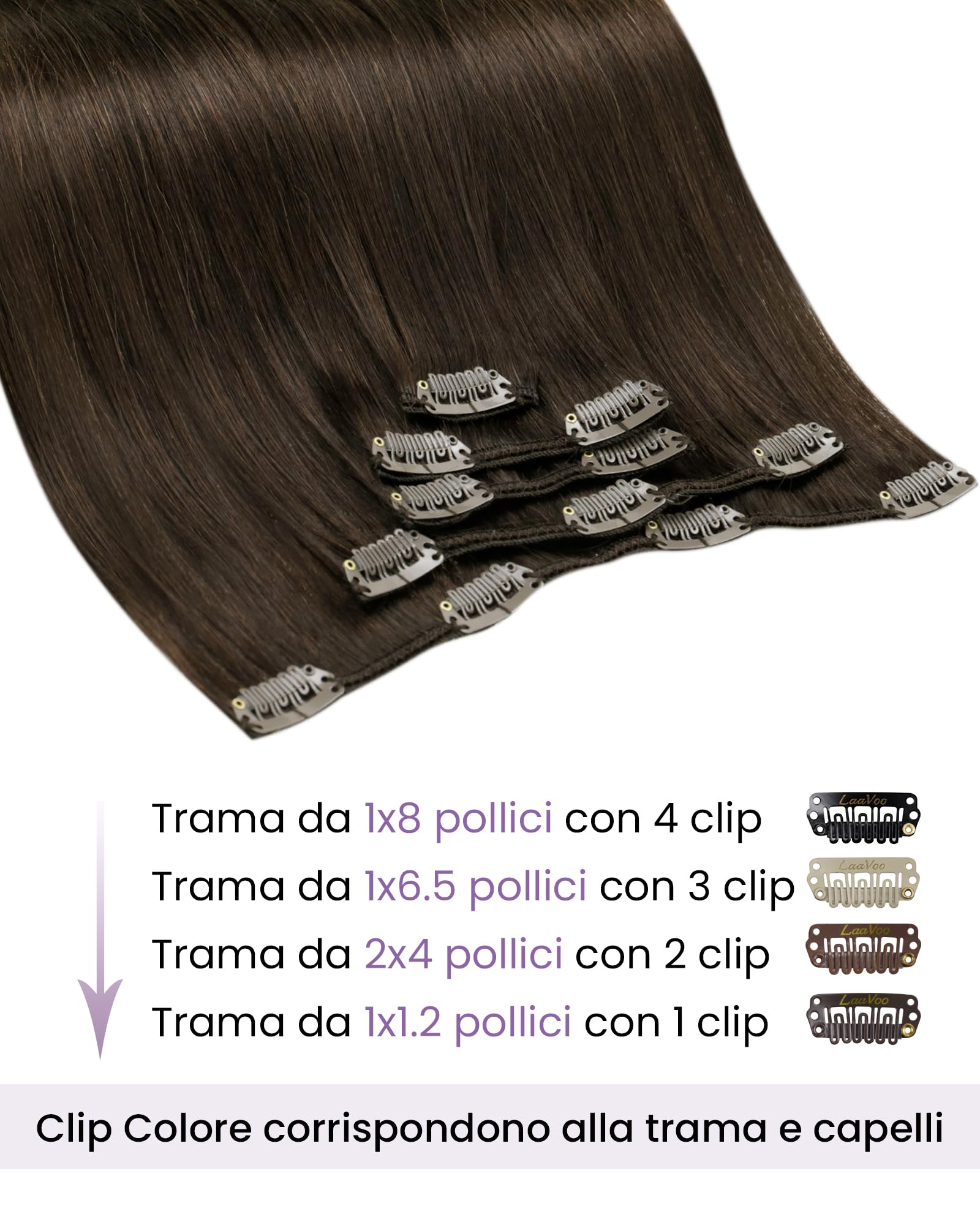 LaaVoo Extension Capelli Veri Clip, Marrone Cioccolato 80g, Remy Umani Naturali, Leggeri e Invisibili, per Uso Quotidiano, 30cm 5pcs Colore 4