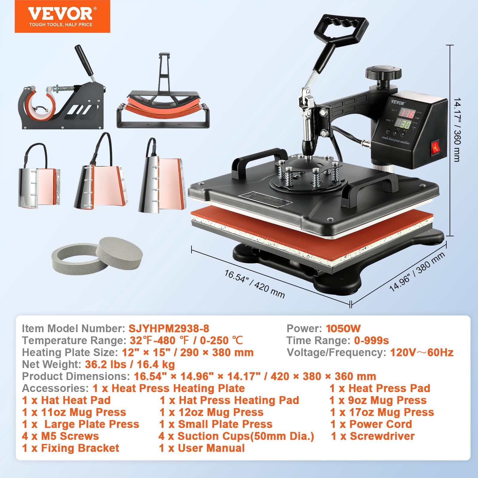 VEVOR Presse à Chaud Numérique 8 en 1, Machine de Sublimation Textile avec Plaque Chauffante de 29x38 cm, pour DIY T-shirts Mugs Casquettes et Assiettes, Presse à Imprimer Multifonctionnelle