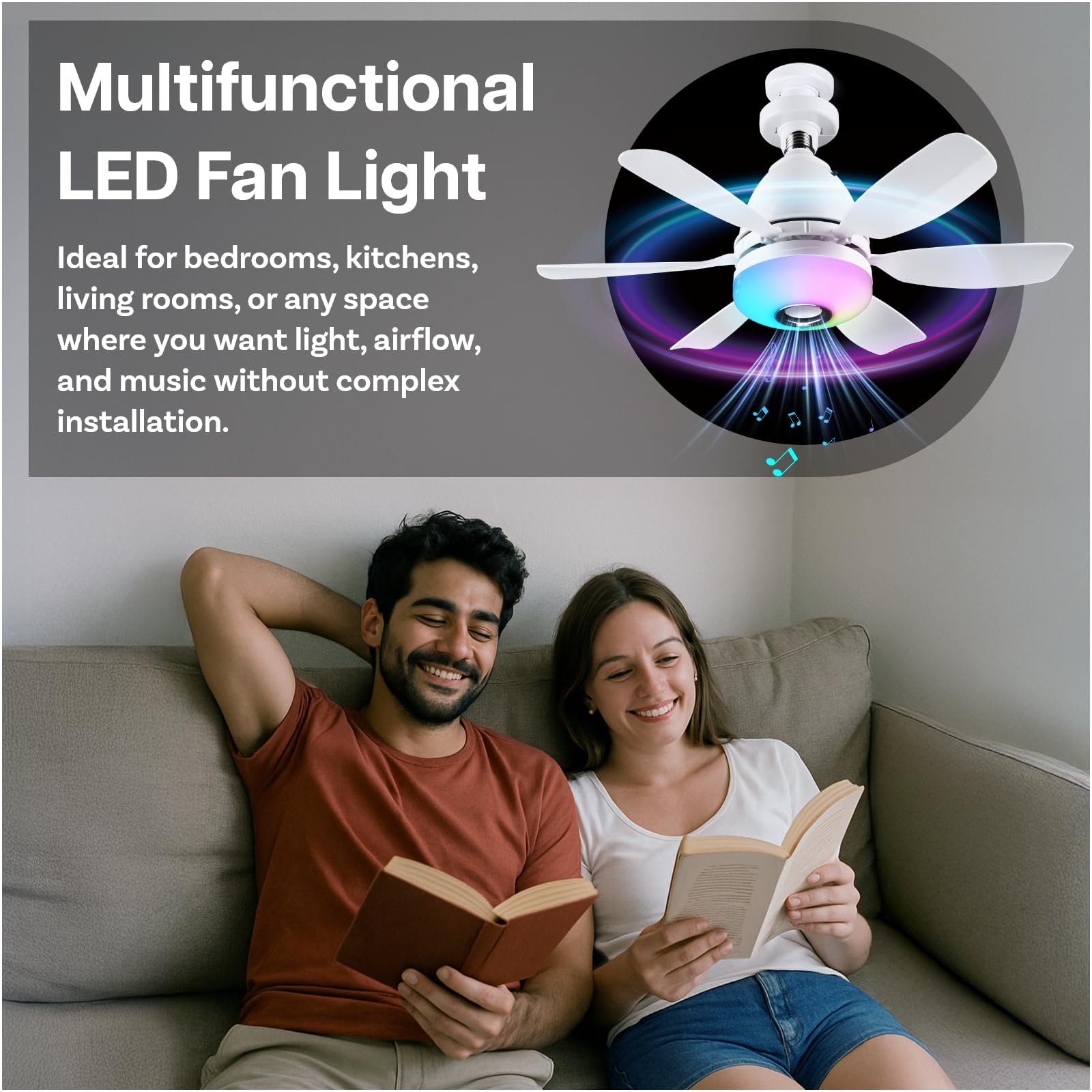 MMOBIEL Socket Fan Light with Remote LED Ceiling Fan Bulb with Bluetooth Speaker, Music Sync, 7 RGB Modes, 3000K6500K Dimmable, 3 Speeds, 2x6 Blades E27 Screw Base for Bedroom, Kitchen White - Image 2