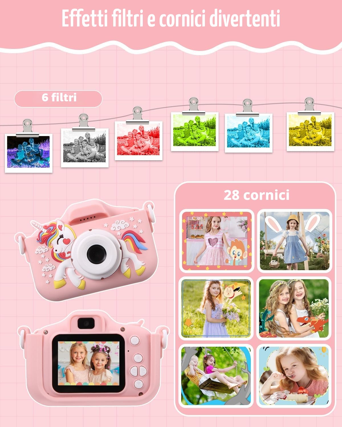 Macchina Fotografica Bambini,2.0 Pollici Schermo Mini Ricaricabile Fotocamera Digitale,1080P HD Videocamera Regalo Giocattolo di Natale & Compleanno per Ragazze Ragazzi 3-10 Anni,con Scheda 64GB
