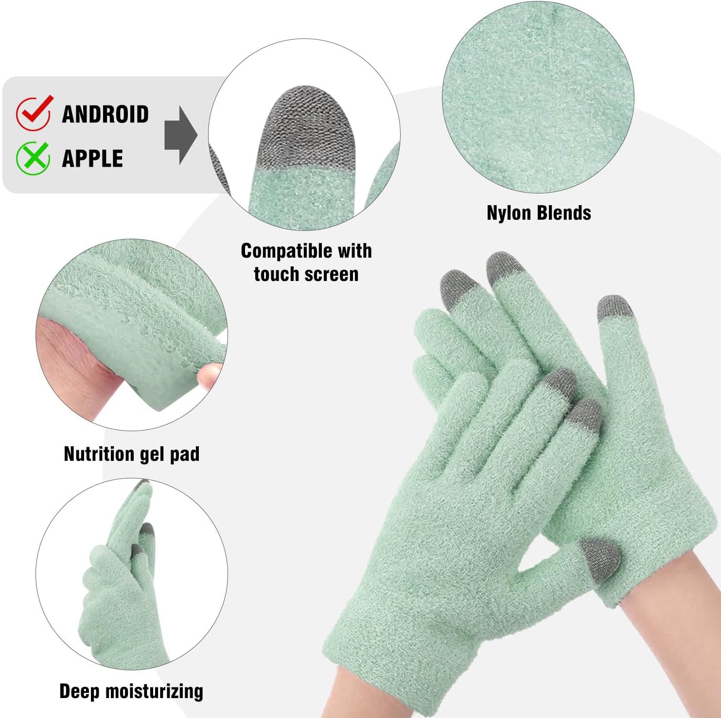 Moisturizing Gloves for Dry Hands Overnight Repair, Silicone Gel Spa Hydrating Gloves, Women's Reusable Hand Care Gloves for Cracked Skin Relief & Treatment with Touchscreen Tips, Mint
