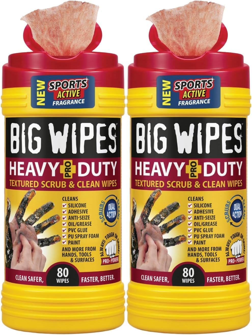 BIG WIPES Heavy Duty Industrial Hand Cleaning Wipes, Textured Scrubbing Degreaser Wipes for Mechanics and Tool Cleaner – 80 Count Canister (2 Pack)