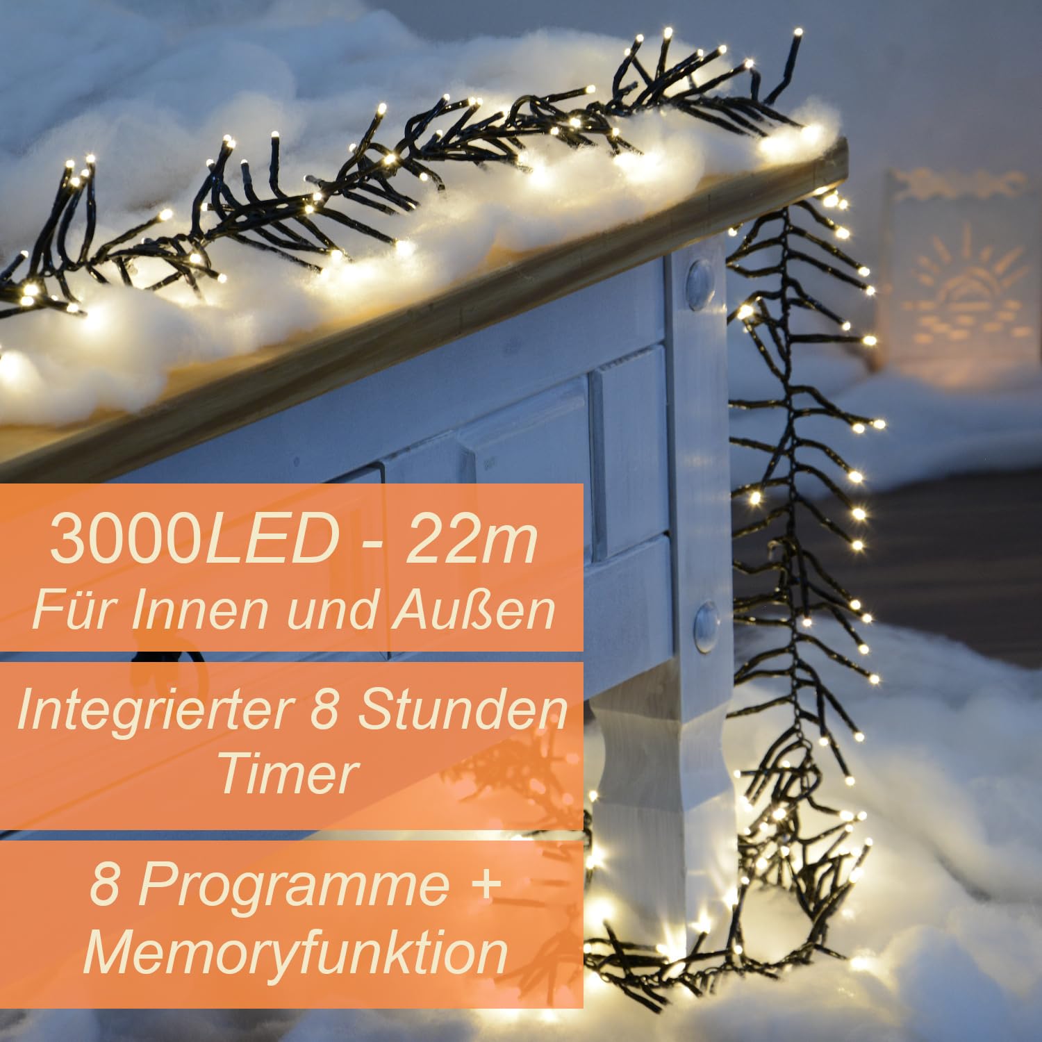 EXTRA LANG LED Lichterkette warmweiß mit 8 Programmen LEDs für innen und außen Büschellichterkette (25m - 3000LEDs - warmweiß)