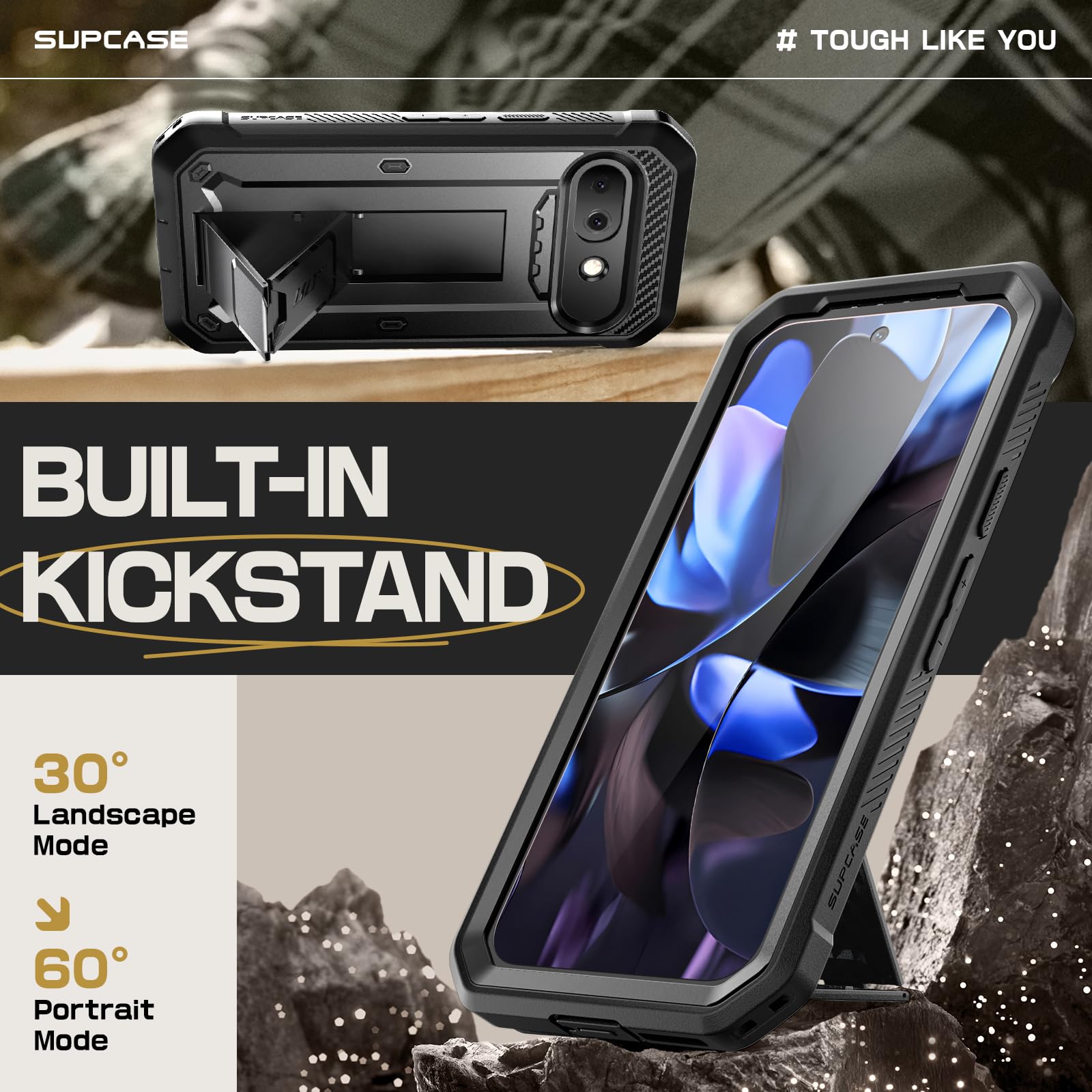 SUPCASE Outdoor Hülle für Google Pixel 9A, 360 Grad Handyhülle Bumper Case Robust Schutzhülle Cover [Unicorn Beetle Pro] mit Displayschutz, Ständer und Gürtelclip für Pixel 9A 2025 (Schwarz)