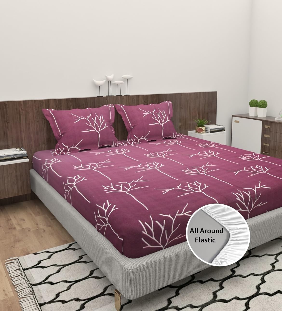 EVERLUSH Cotton Feel Glace Cotton 320 TC Elastic Fitted Bedsheets Queen Size | Super Soft All Around Elastic Fitted Bedsheet for Double Bed Queen Size with 2 Pillow Covers (60x78x8 Inch) Wine Tree (B0D87DX71Z) Amazon Price History, Amazon Price Tracker