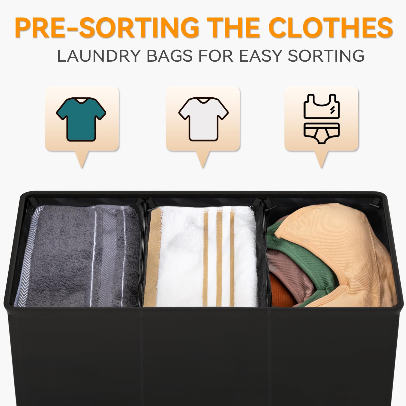 WOWLIVE Wäschekorb mit Deckel, 180 l, 3 Fächer, Groß mit Abnehmbaren Taschen und Griffen, Zusammenklappbar, für Schmutzige Wäsche, Organizer für Waschküche
