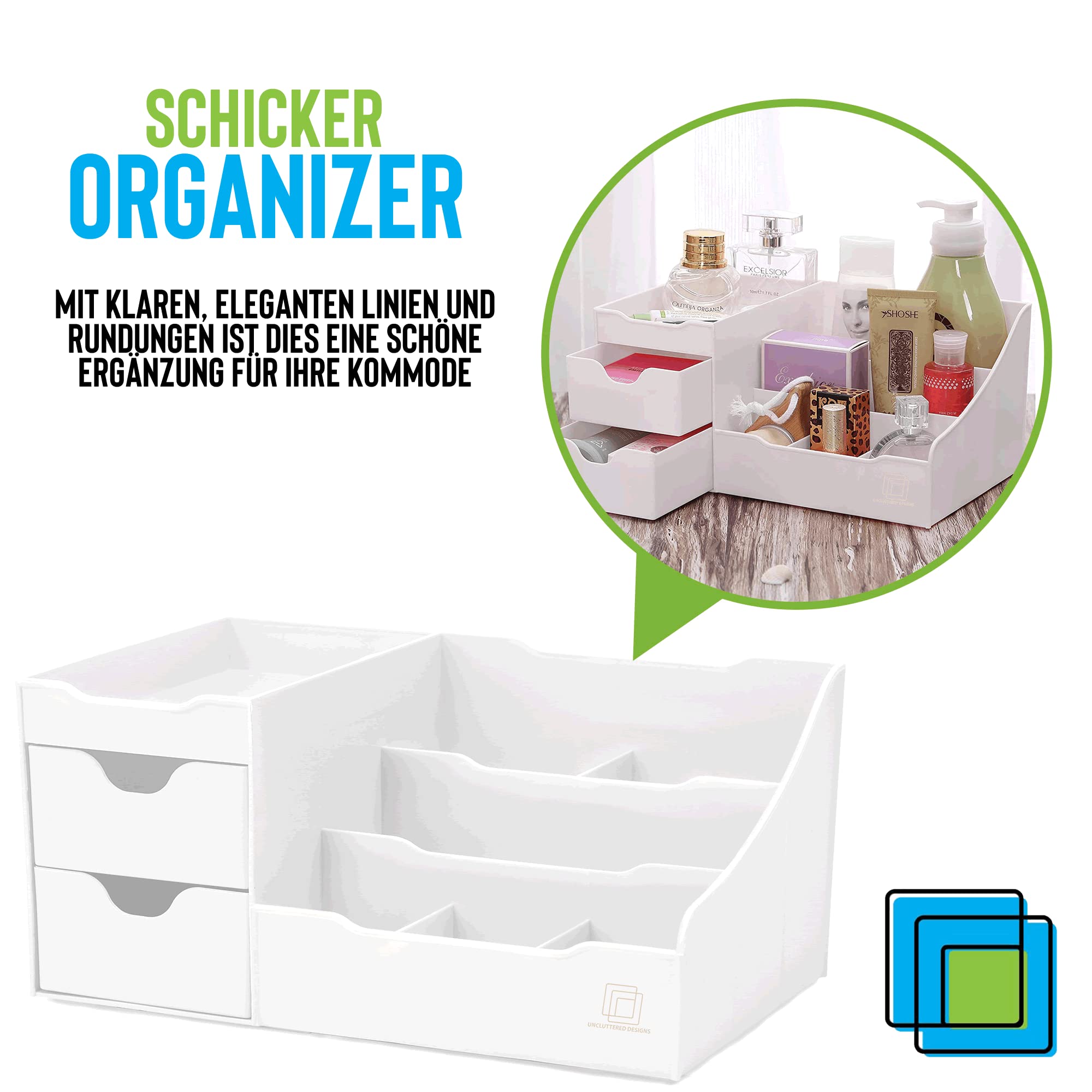 UNCLUTTERED DESIGNS Großer Weißer Schminktisch-Organizer - Kosmetik Aufbewahrung, Schönheit, Haare, Nägel, Parfüm & Hautpflege - Perfekt Bad & Schlafzimmer Schreibtisch Organizer Schubladen