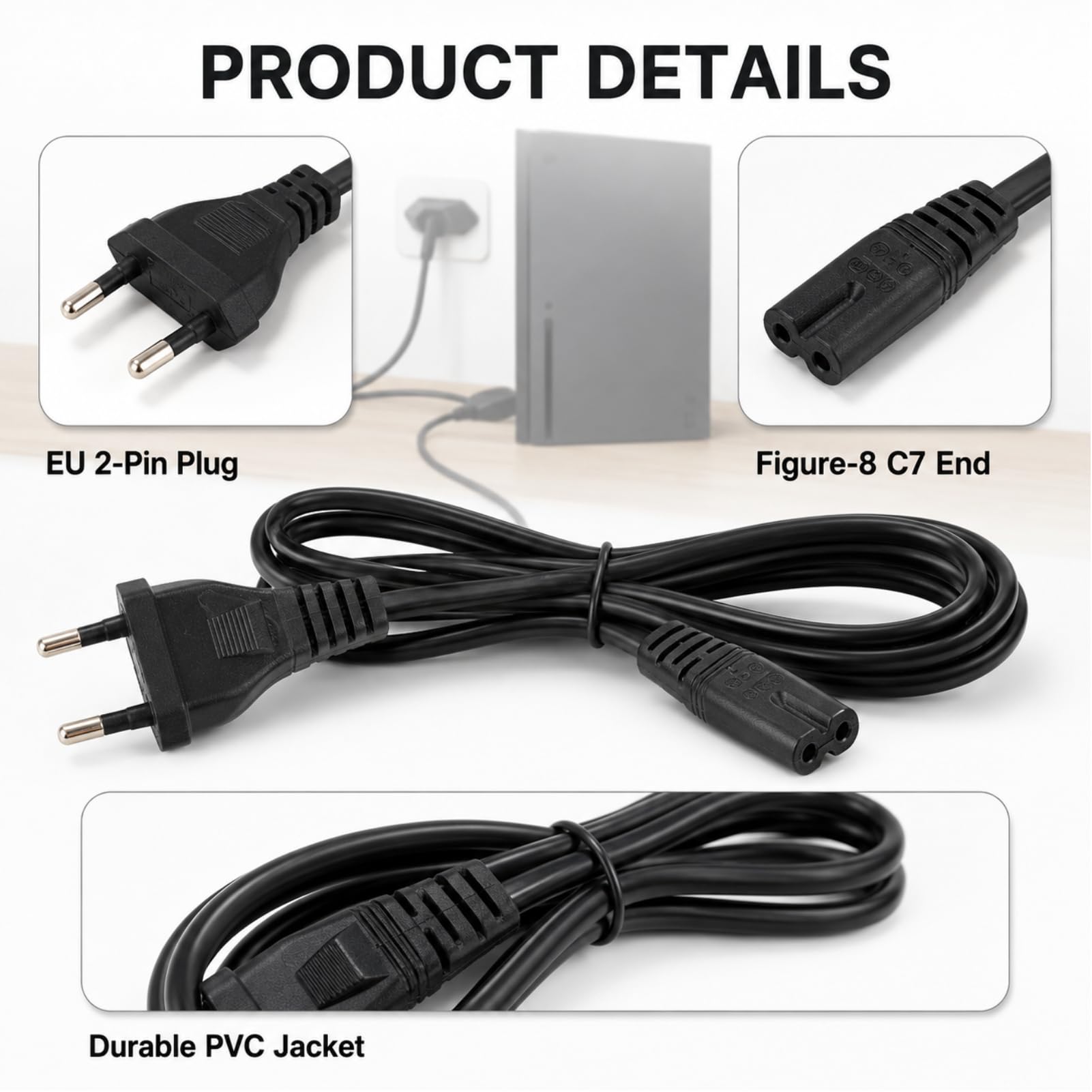 Netzkabel Eurostecker C7, Stromkabel Eurostecker auf C7, Euro Netzkabel 2-polig USB C Gerätebuchse, Stromkabel Verlängerungskabel 1,8 m, Kompatibel mit TV Monitor Laptop PS3 PS5 Xbox DVD Blu-ray