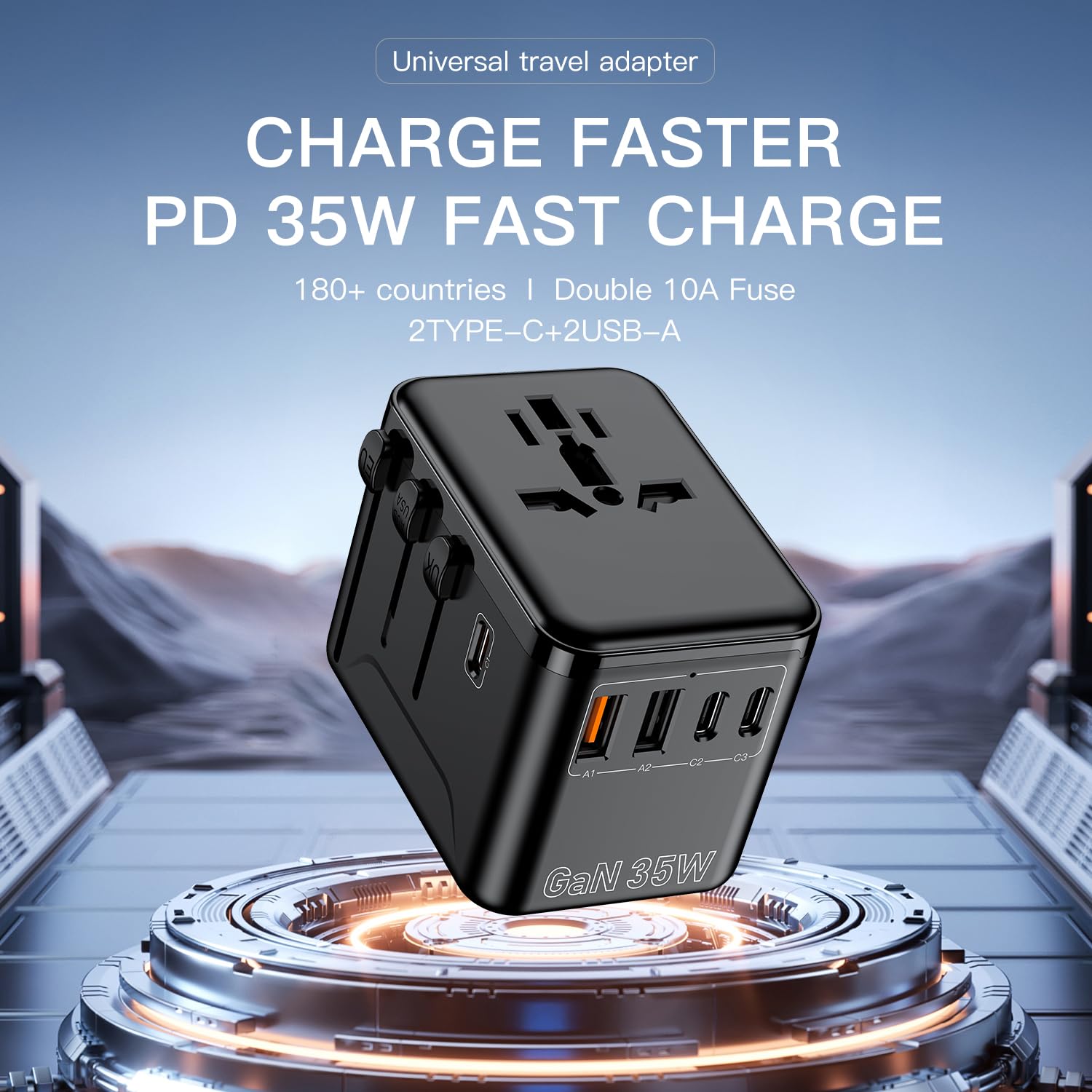 Uniwersalny adapter podróżny (35 W PD szybkie ładowanie) – posiada 3 porty USB-A i 2 porty USB-C, kompatybilność na całym świecie (USA/UK/AU/Azja), ładowarkę typu "wszystko w jednym" i