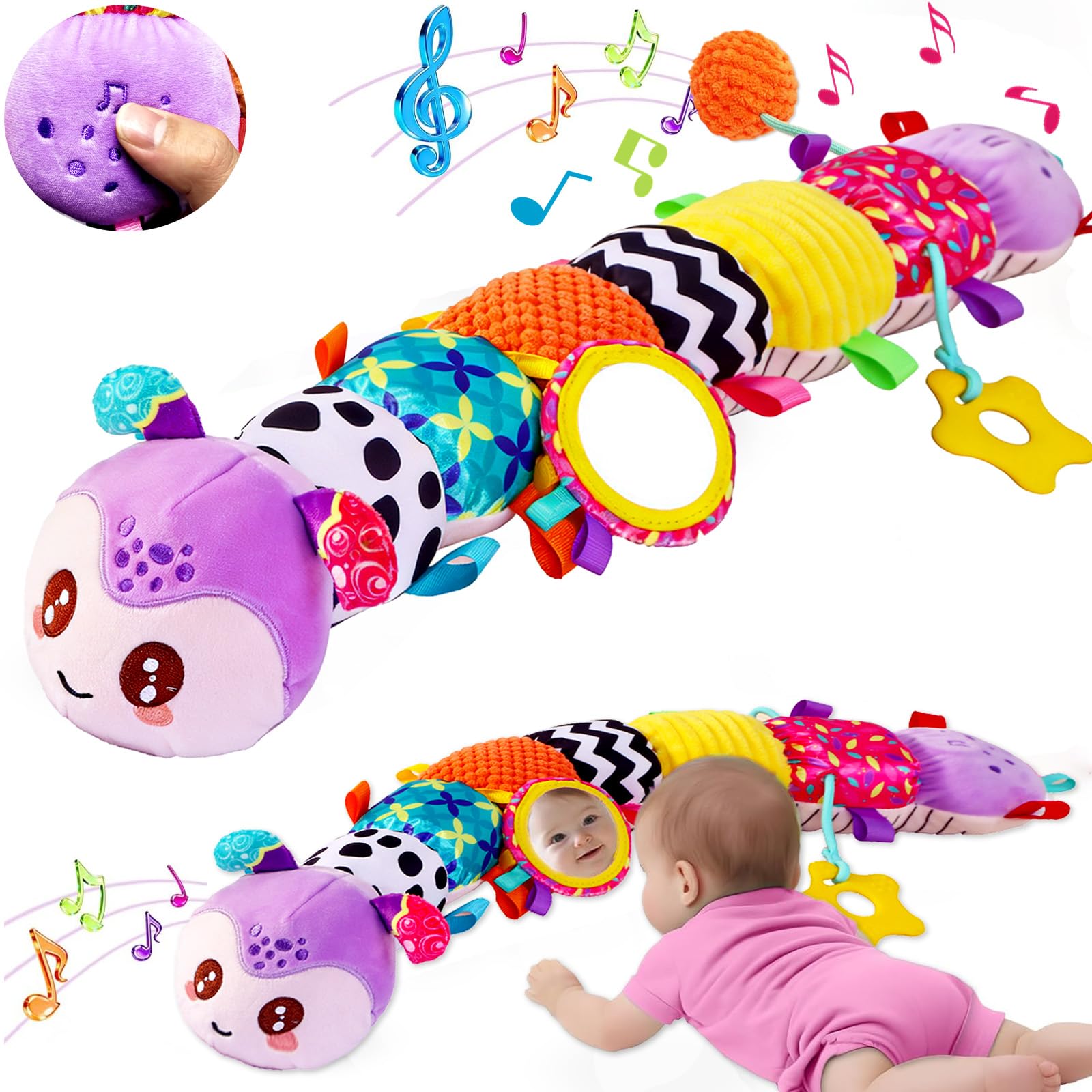 Gdbykds Baby Toys 0 3 6 9 Months NewBorn Baby Boy Girl Gifts, Tummy Time with Crinkle Sound Paper,Teether,Textures & Rattles Music Stuffed Plush Caterpillar Toy for Infant Baby Sensory Toys 0 6 Months