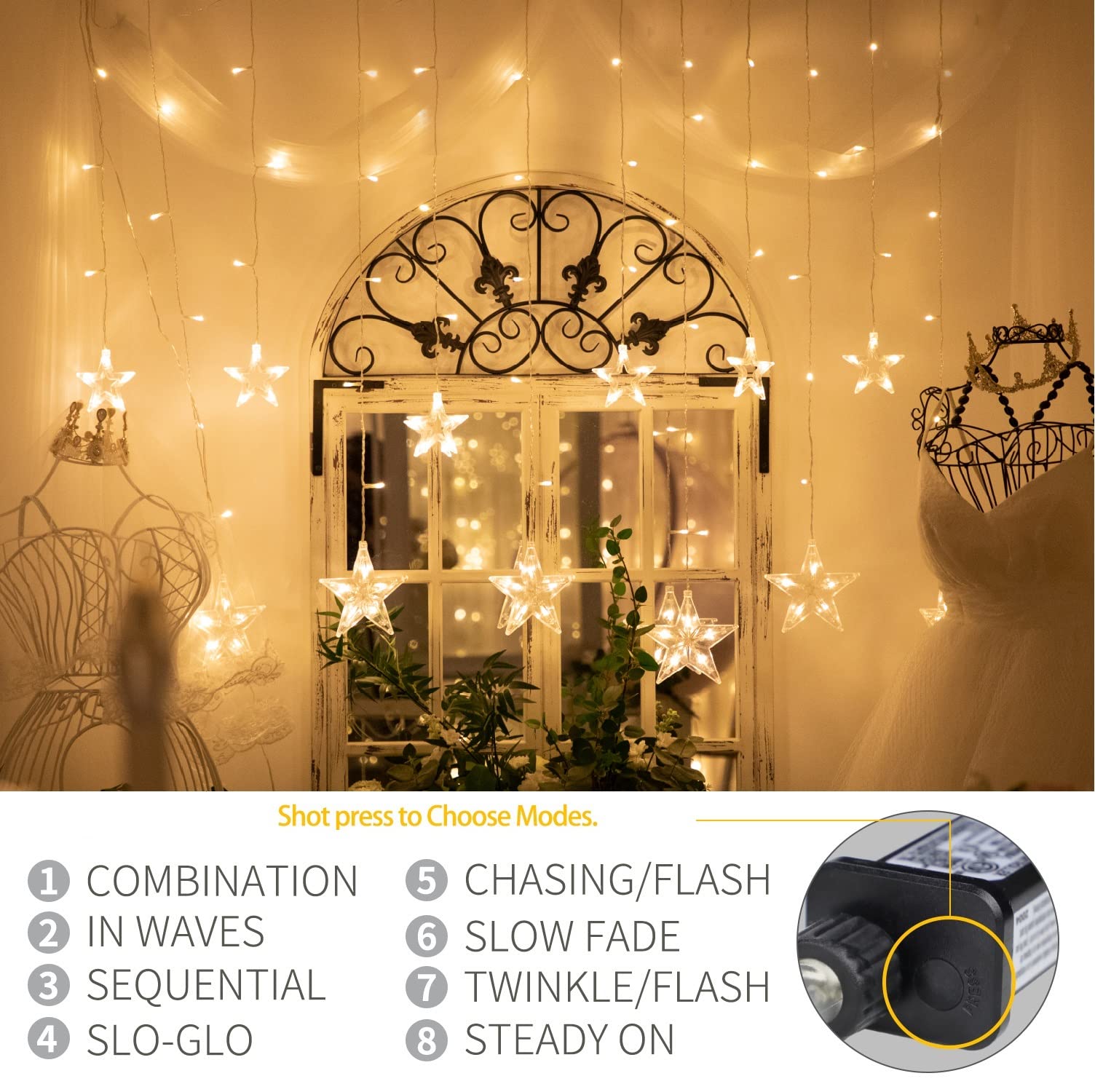 Guirlande Lumineuse étoiles LED - 138 LEDs, 12 Motifs, 8 Modes, 3,5 X 1 M, IP44, Pour Noël Intérieur/extérieur - 11