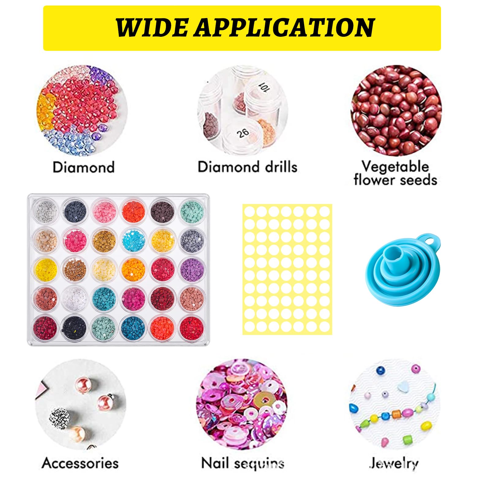 Kit Diamond Painting Organizer Contenitori per Pittura a Diamante da 60 Scomparti, Scatola Portaoggetti per Ricamo a Diamante con Etichette Adesive e Imbuti, per Perline, Strass