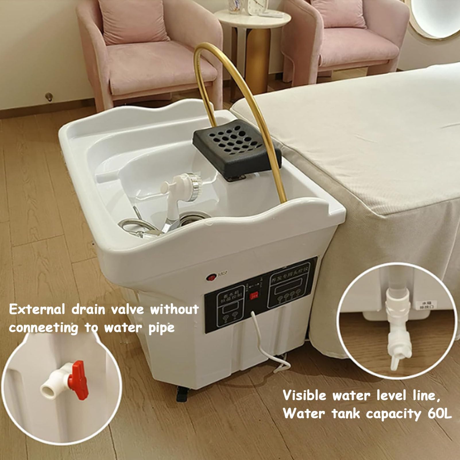 Japońskie urządzenie do spa z 60-litrowym zbiornikiem na wodę, termostatyczna głowica spa z cyrkulacją wody, umywalka do mycia włosów, konstrukcja łuku 180°, do wyposażenia spa dla fryzjerów,White