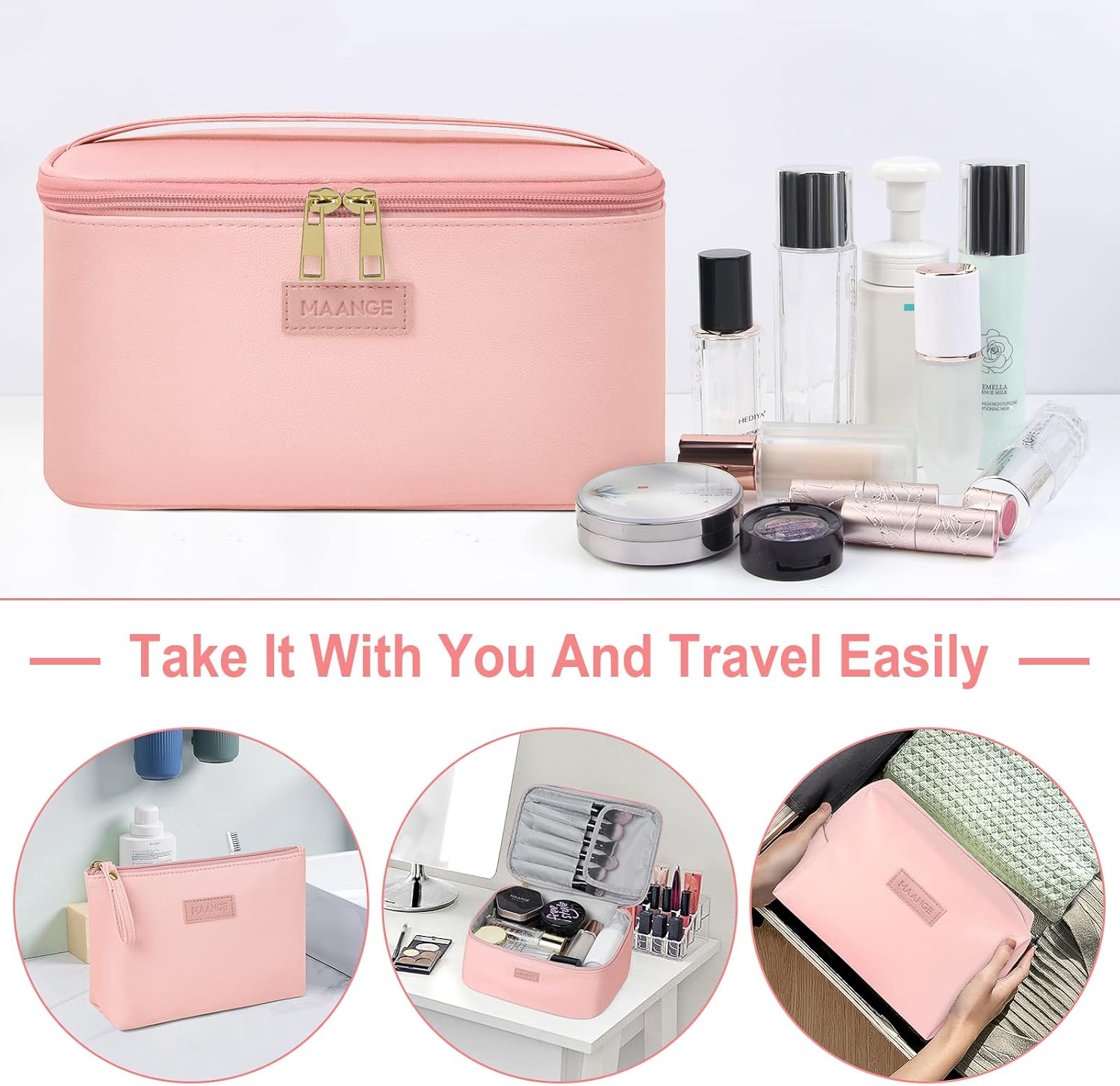 MAANGE Travel Makeup Bag - Large Makeup Bag with 2pcs Small Makeup Bag Portable Leather Cosmetic Bag Toiletry Bag Make Up Bags for Women and Girls (Pink) - Image 4