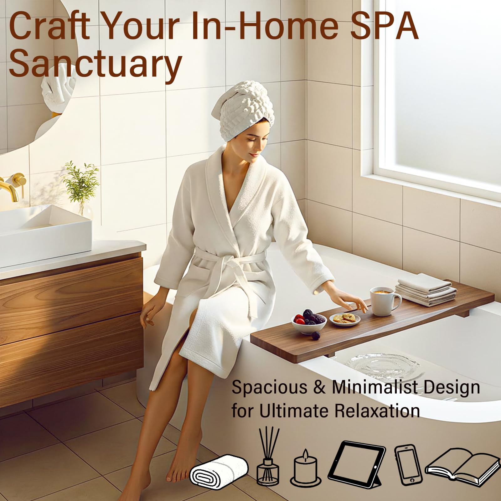 Bandeja de bañera de madera de acacia para bañera independiente, bandeja de baño ajustable de 35 pulgadas para bañera, mesa organizadora de lujo para spa, accesorios de bañera para mujeres