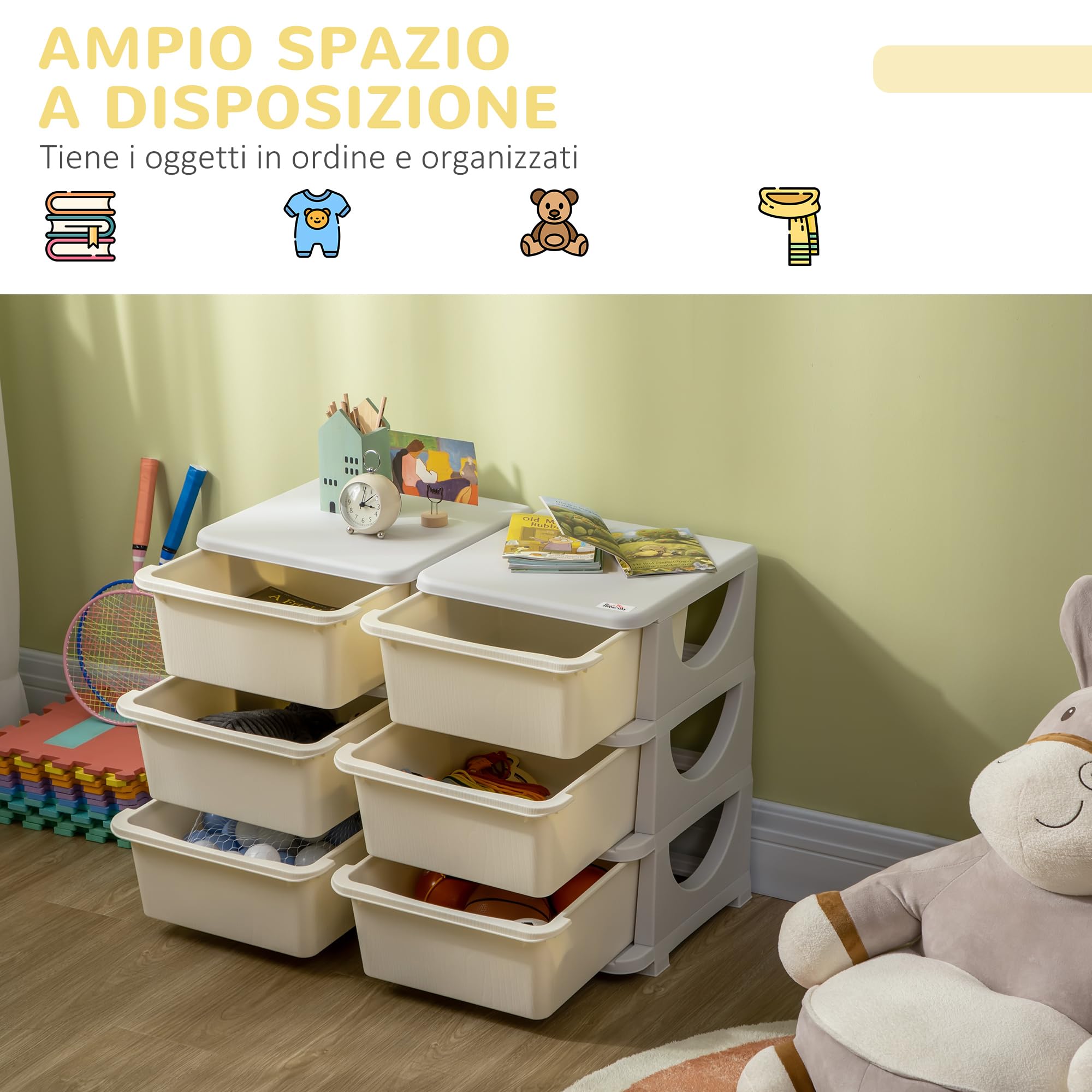 HOMCOM Mobile Cassettiera per Bambini 3-6 Anni con Bordi Arrotondati, Cassettiera Moderna in PP, 75x37x56.5 cm, Bianco Crema