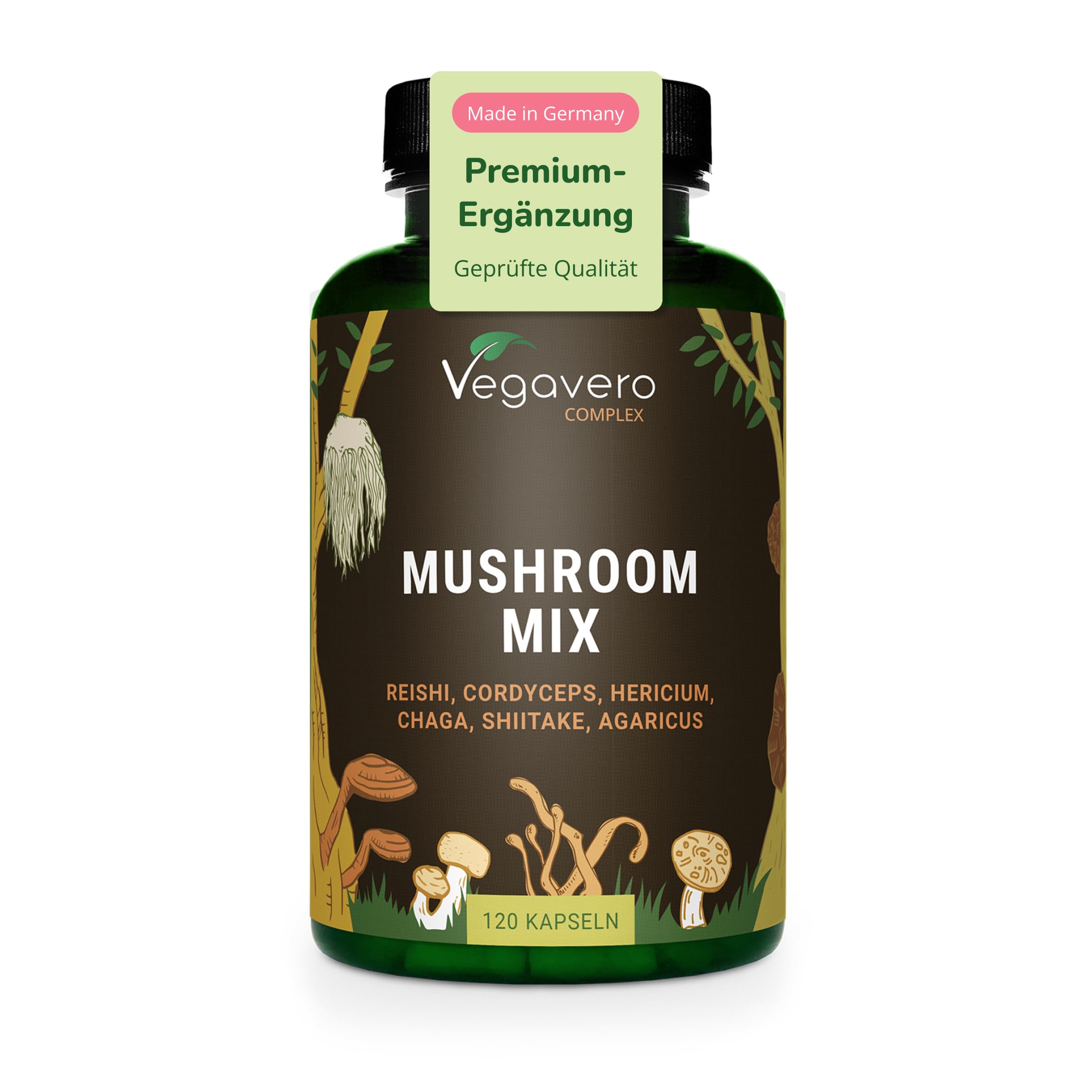 Mushroom Complex | 6 Vitalpilze: Reishi, Cordyceps, Shiitake, Chaga, Hericium, Agaricus | Premium: Beta-Glucane + Polysaccharide | Laborgeprüft | Vegan - Pur | Deutsche Produktion von Vegavero