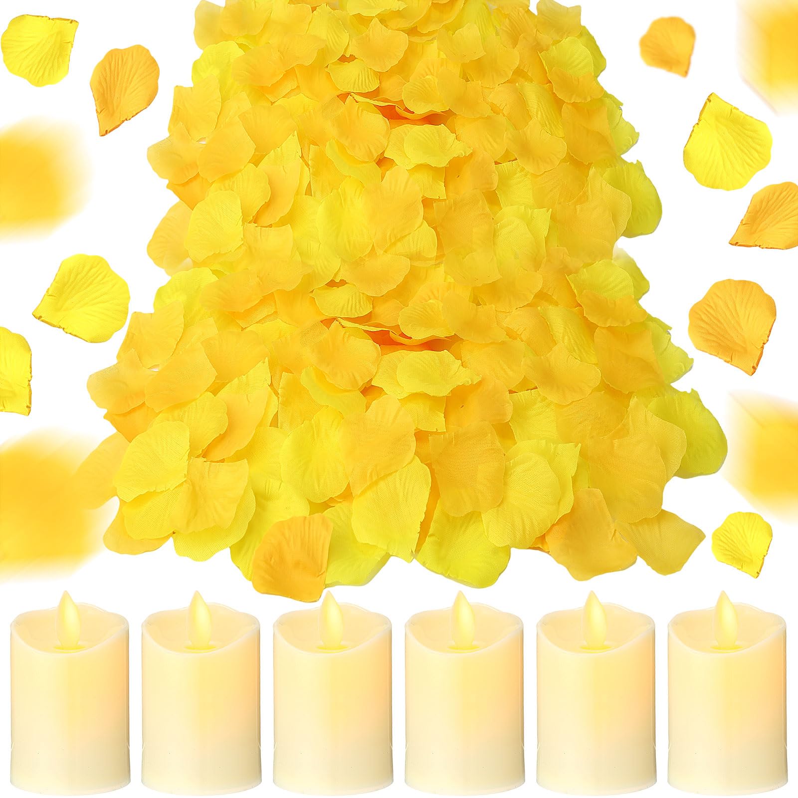 Photo 1 of 2000 Pcs Rose Petals Artificial Silk Flowers with 6 Flameless LED Tea Lights Set for Wedding Home Romantic Night Event Party Decorations, Yellow Colors