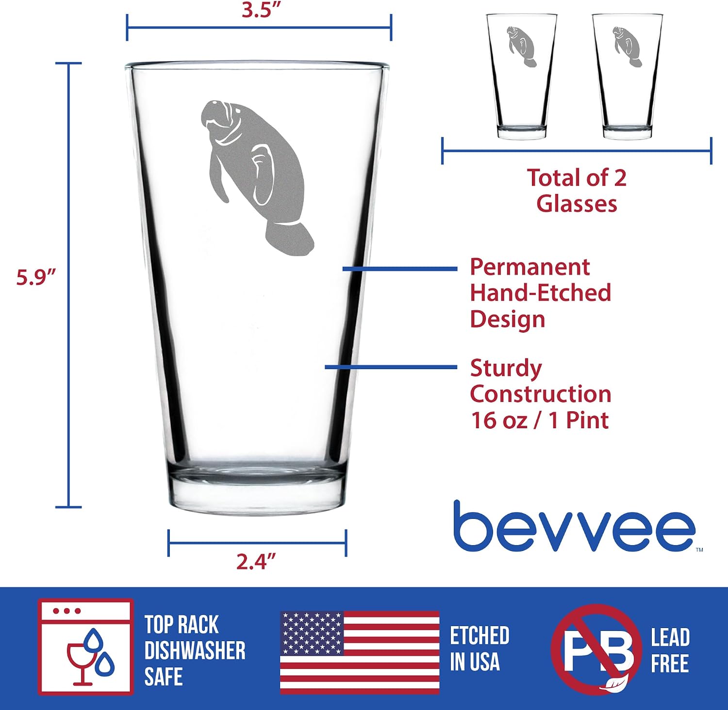Bevvee Manatee Pint Glass for Beer - Cute Funny Ocean Animals Themed Decor and Gifts for Sea Creature Lovers - Set of 2-16 oz