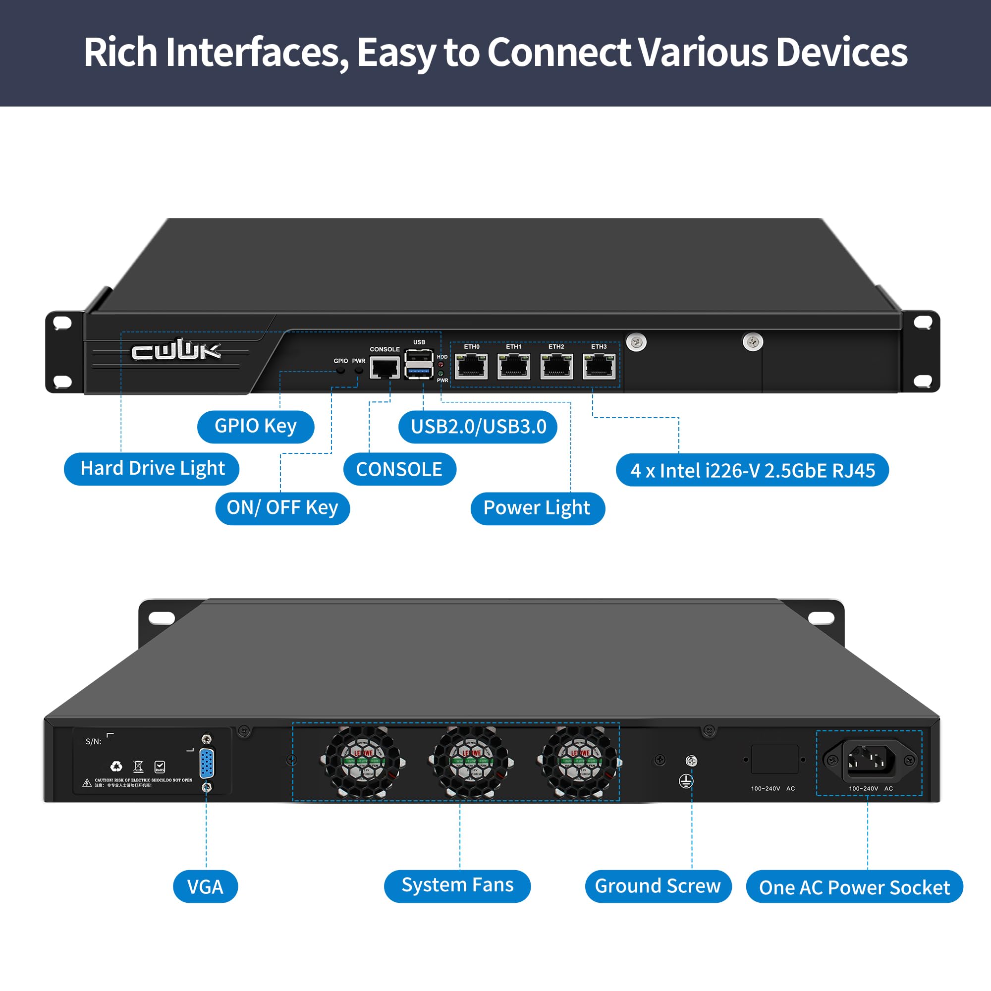 CWWK 1U N300 Firewall Appliance Rackmount PC, 4 Ports i226-V 2.5GbE LAN, 19” Rack Firewall Hardware, U2 OPNsense Homelab Server DDR5 8GB RAM 128GB SSD, Mini-PCIE, PCI-E x8, AES-NI