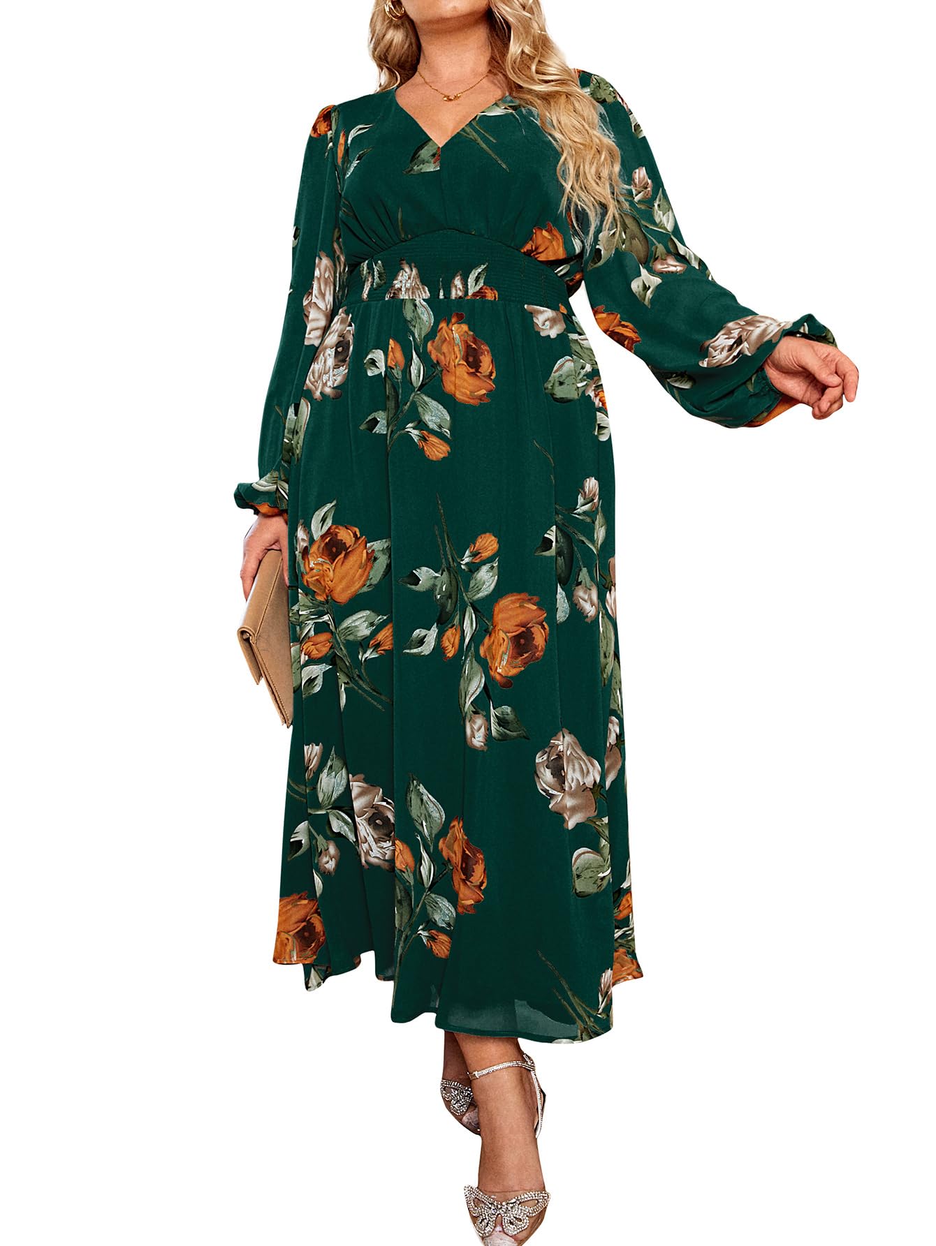 Simplee Women's Plus Size Wedding Guest Dress Flowy Fall Floral Long Sleeve Maxi Dress V Neck Empire Waist Boho Maternity Dress for Photoshoot (4XL Emerald Green)