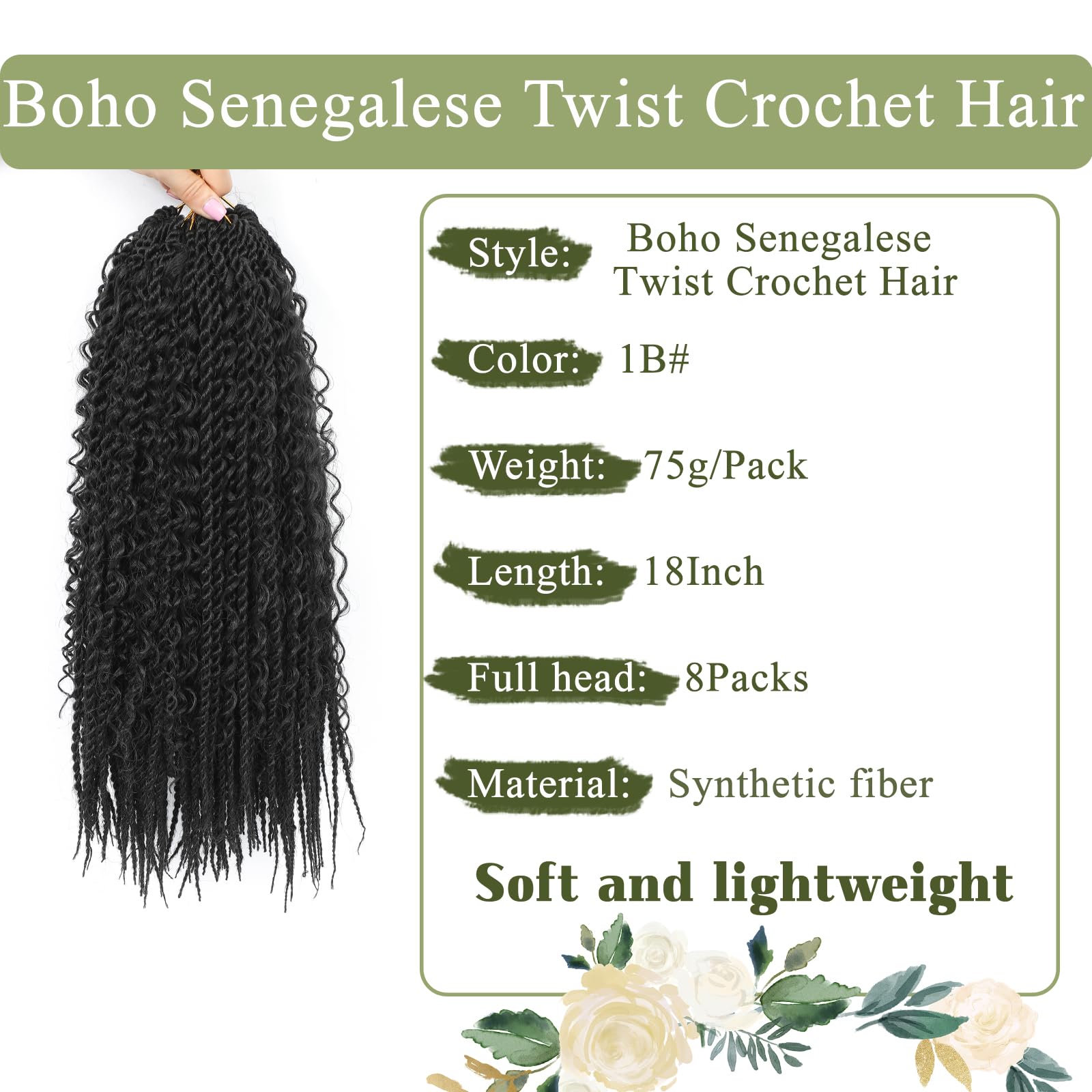 Boho Senegalese Twist Crochet Hair 8 Packs Pre Looped Goddess Island Passion Twist Crochet Braids Hair Extensions for Black Women (1B - Image 2
