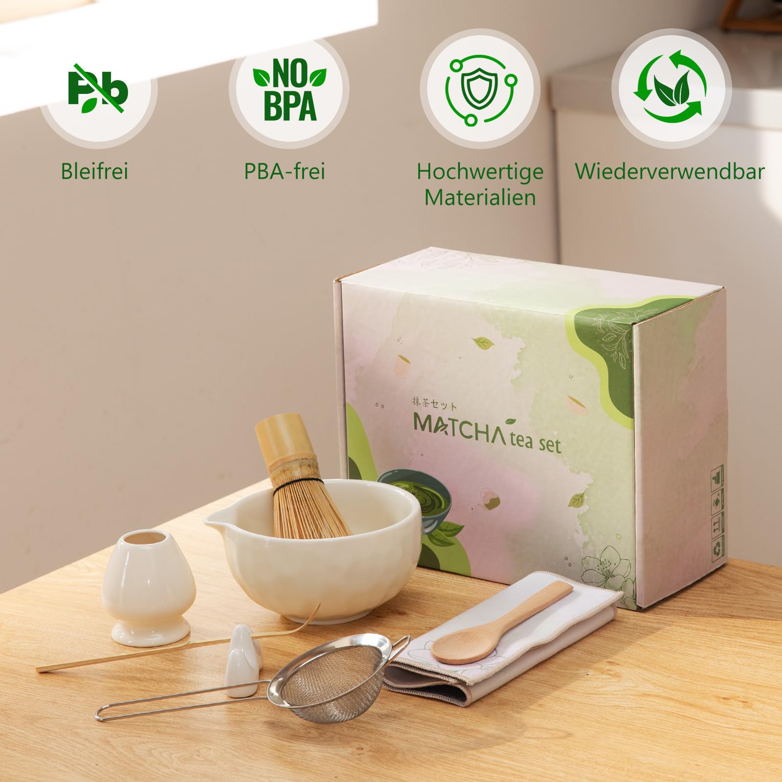 Matcha Kit 8 Piezas – Set para la Ceremonia Japonesa del Té con Cuenco con Pico, Batidor de Bambú (Chasen), Soporte, Chashaku y Tamiz – Regalo para Amantes del Matcha, Beige