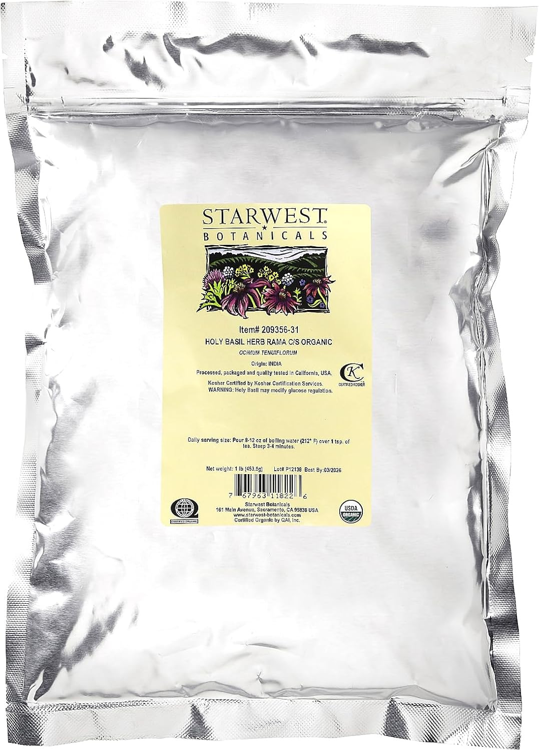 Starwest Botanicals Organic Holy Basil Herb Rama C/S, 1 lb (453.6 g)