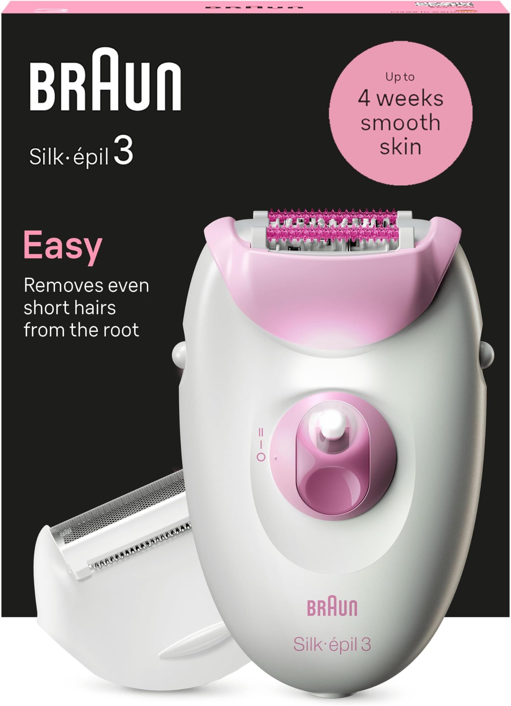 Silk-épil 3, Corded Epilator for Hair Removal, Weeks of Smooth Skin, with Lady Shaver Head & Trimmer Comb, 3-031, Pink