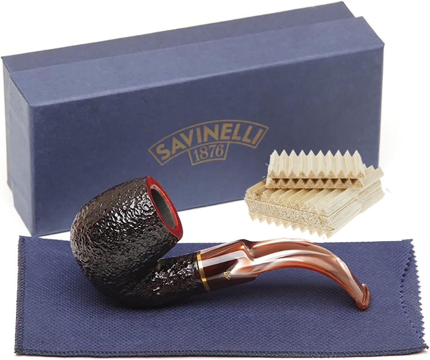 Roma Lucite 614 Rusticated Finish Briar Wood Pipe With 100 Balsa Filters, Italian Hand Crafted Pipe Set